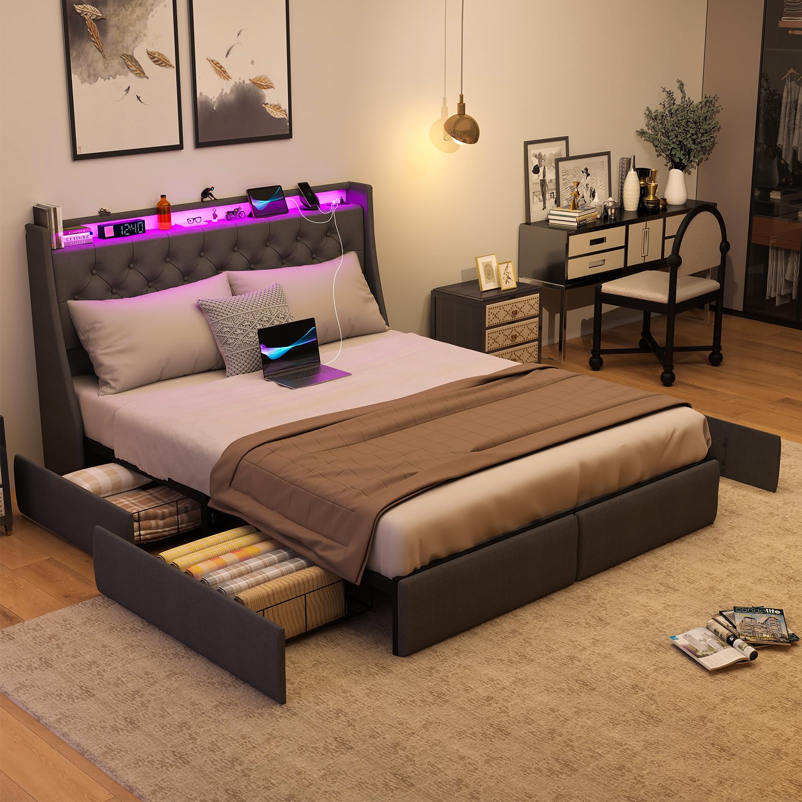Queen Bed Frame with Storage Headboard and 4 Drawer, Metal Platform Bed Frame