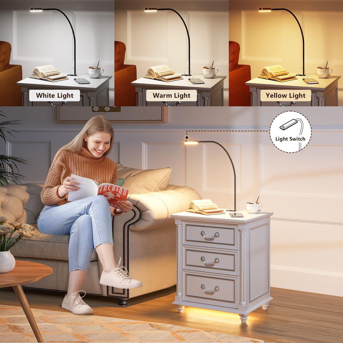 Nightstand with 4 Drawers, Hidden Gun Drawer, Charging Station & Reading Lamp