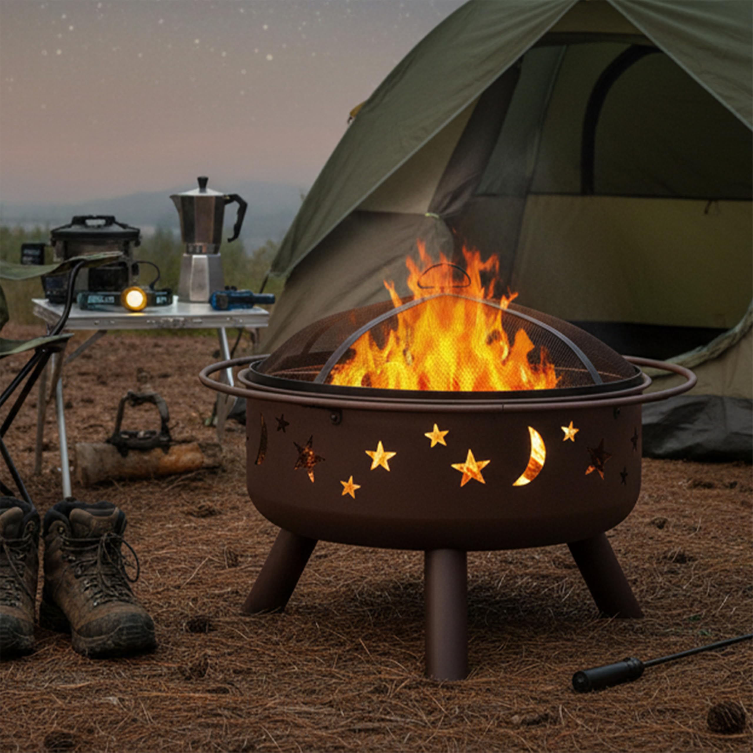 Round Steel Wood-Burning Fire Pit with Grill Grate & Spark Screen