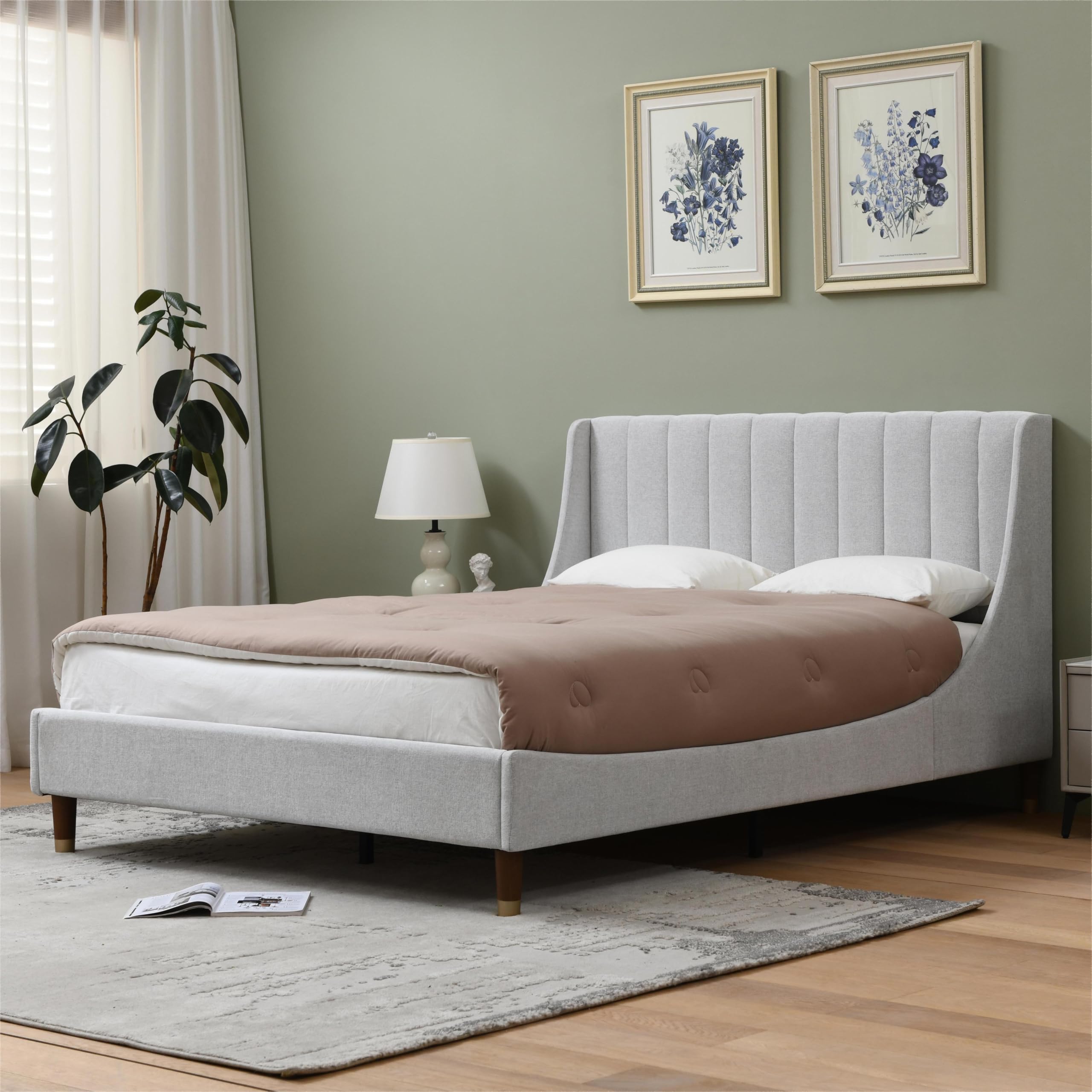 Queen Size Bed Frame with Linen Fabric Twin Wingback Headboard