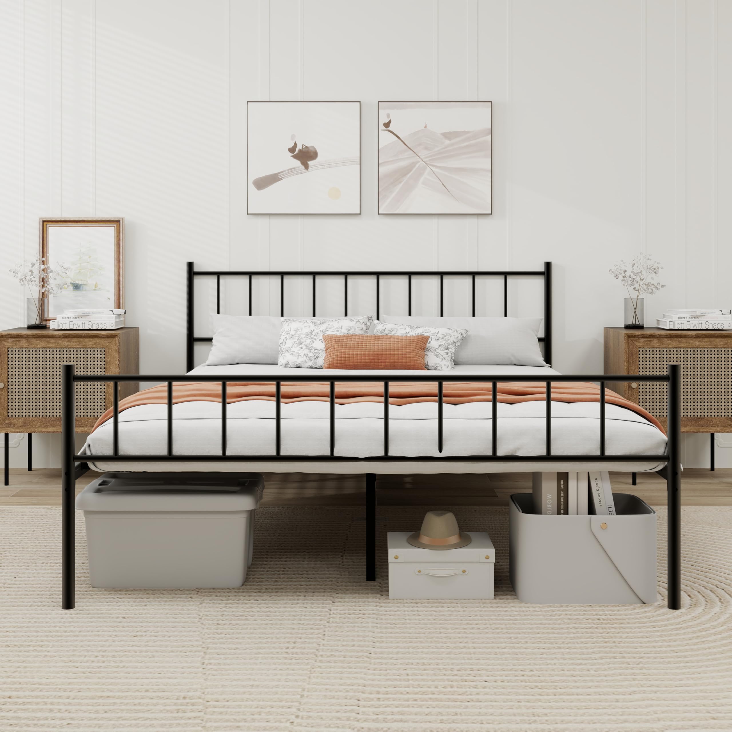 Metal Platform Full Bed Frame with Headboard Sturdy Steel Slats Support No Box Spring