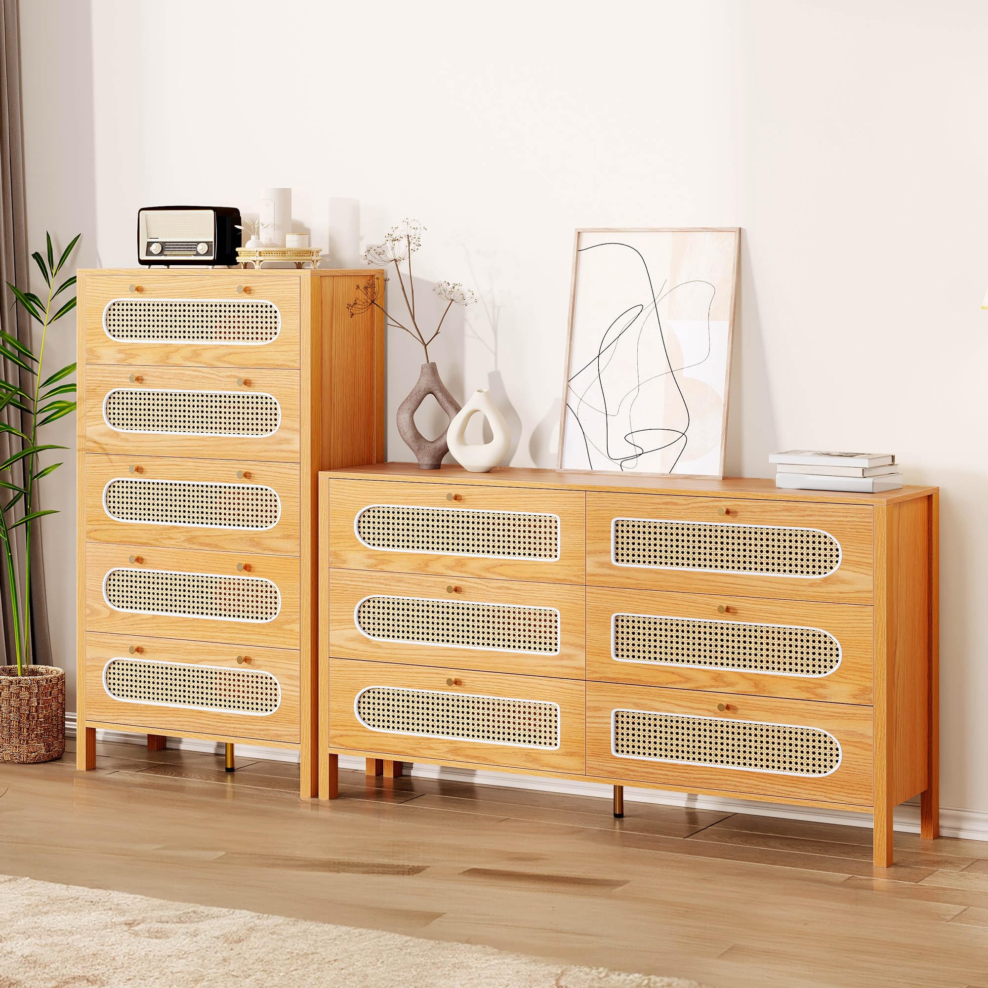 47" Tall Natural Rattan 5 Drawer Dresser, Boho Dresser Chest of Drawers