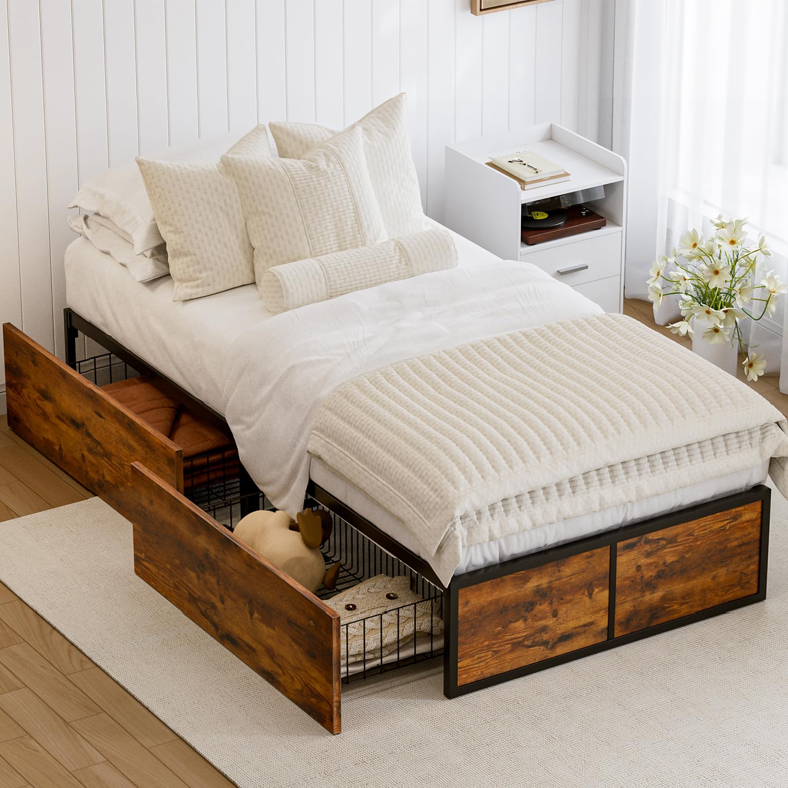 Twin XL Bed Frame with 2 XL Storage Drawers, Metal Platform Bed Frame