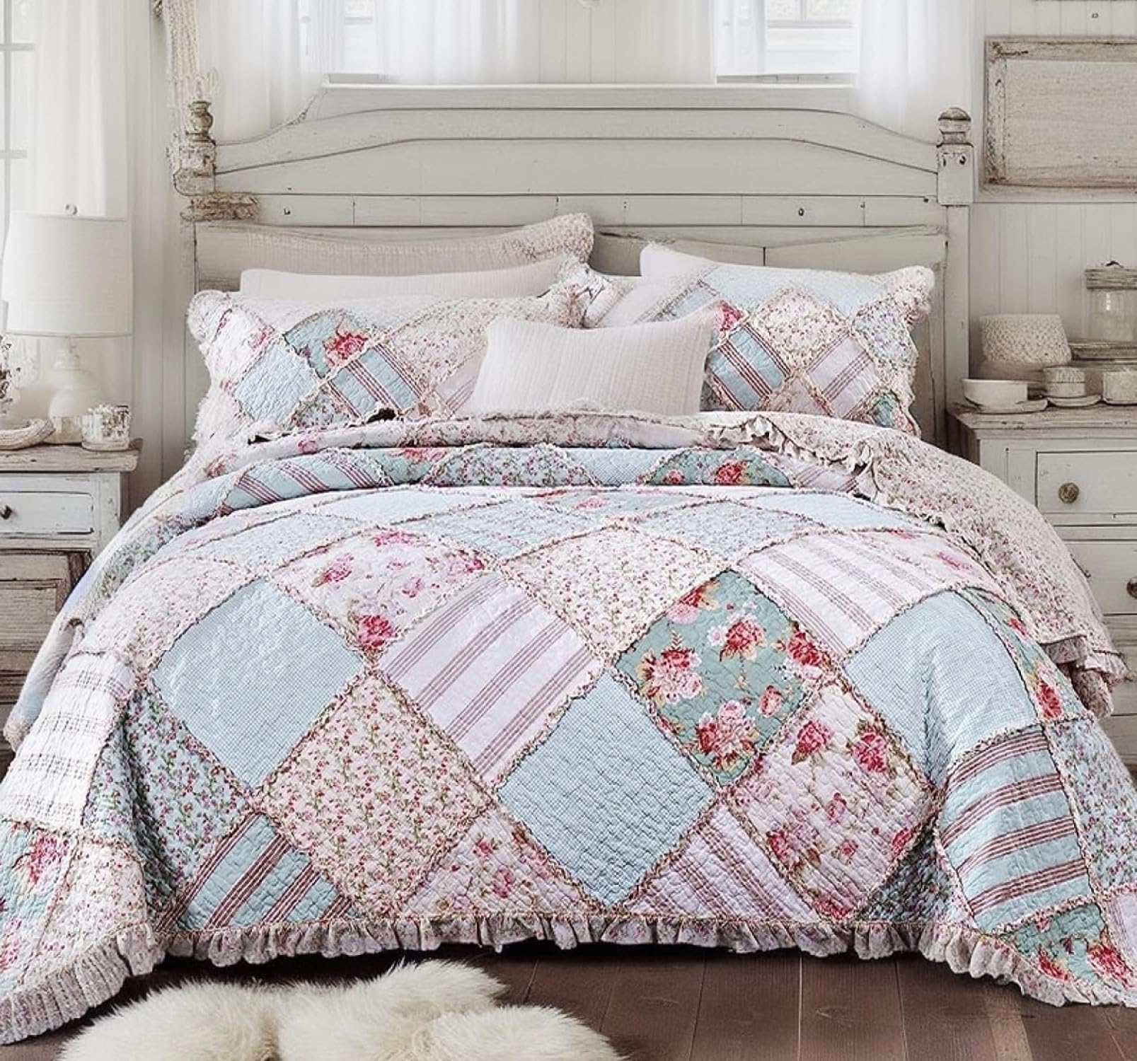 Cottage Patchwork Cotton Floral Bedspread Quilt Set - Hint of Mint Dainty Quilted Blooming