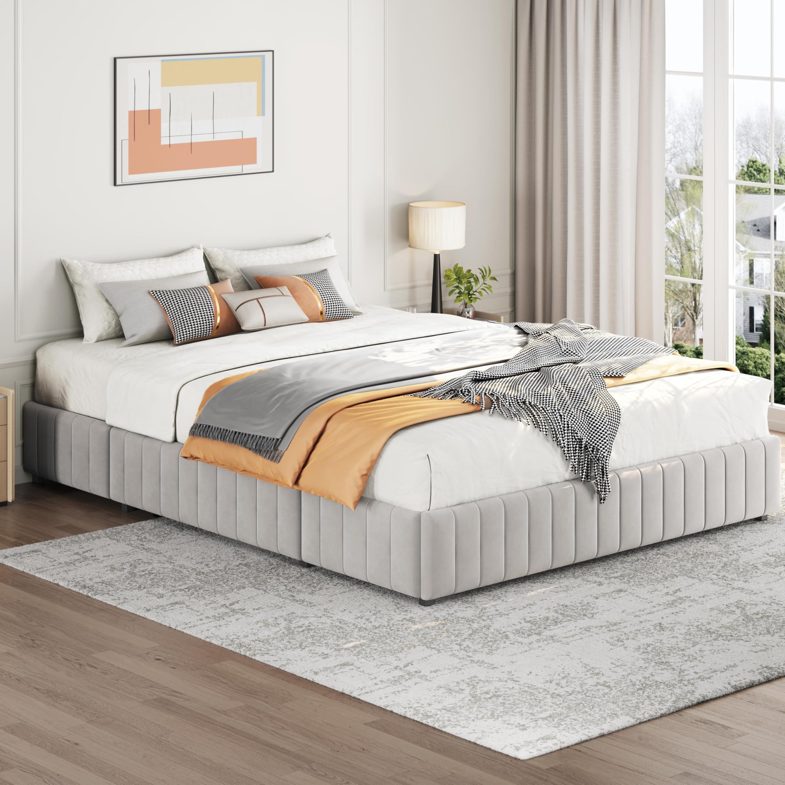 Queen Bed Frame Upholstered Platform Bed with 3 Storage Drawers