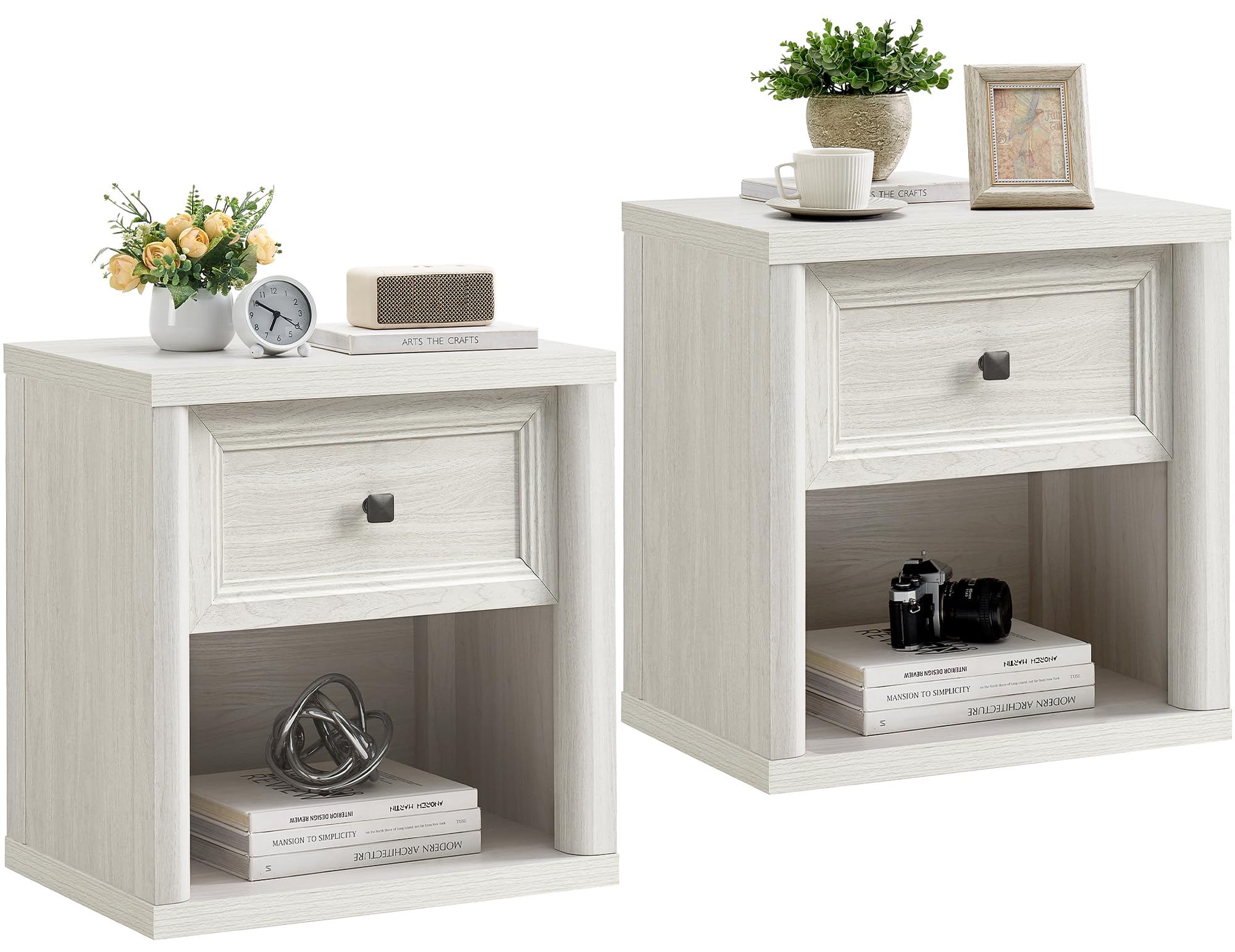 White Night Stand Set of 2, Farmhouse Nightstands with Deep Drawer