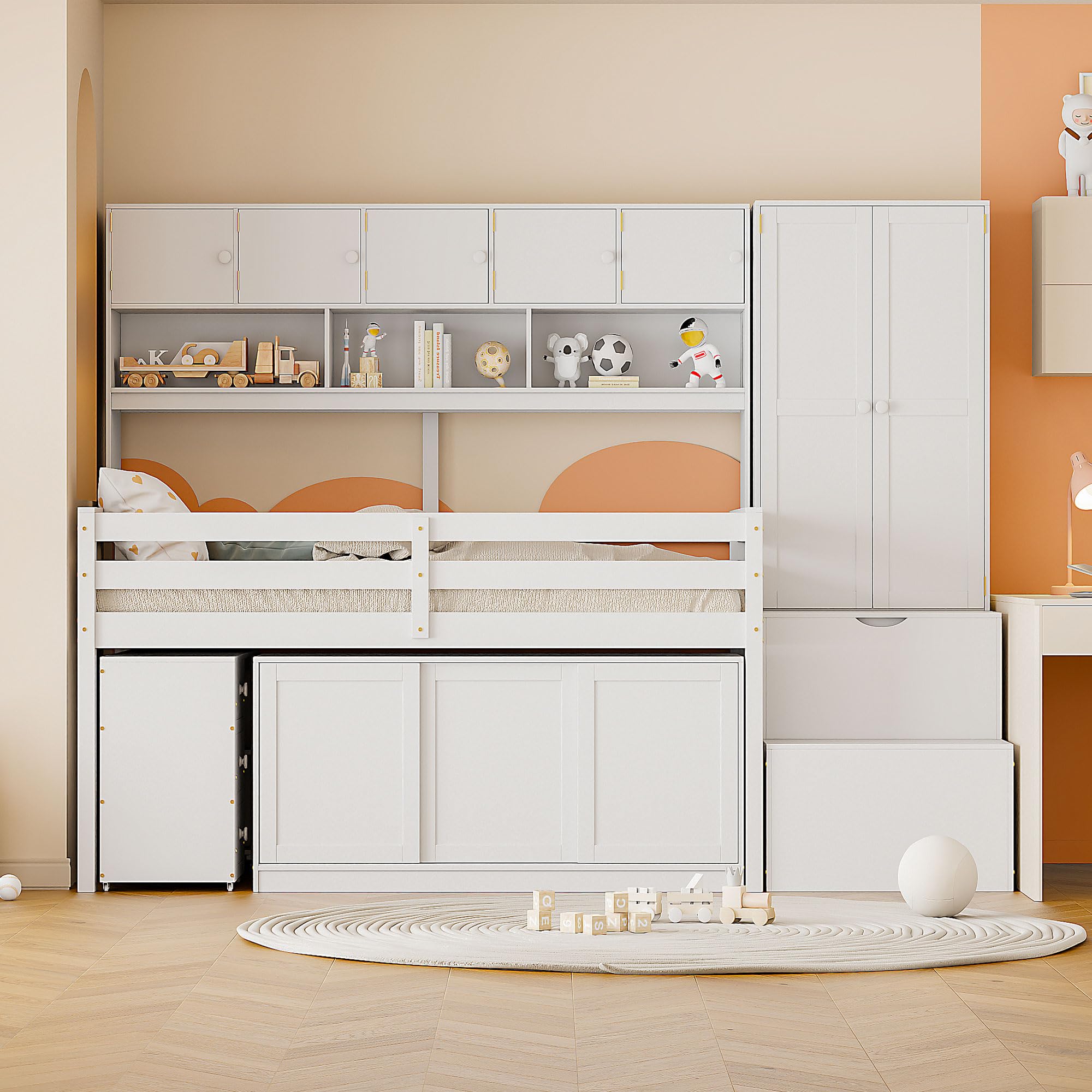 Bed Twin Size, Twin Loft Bed with Rolling Desk and Drawers, Shelves