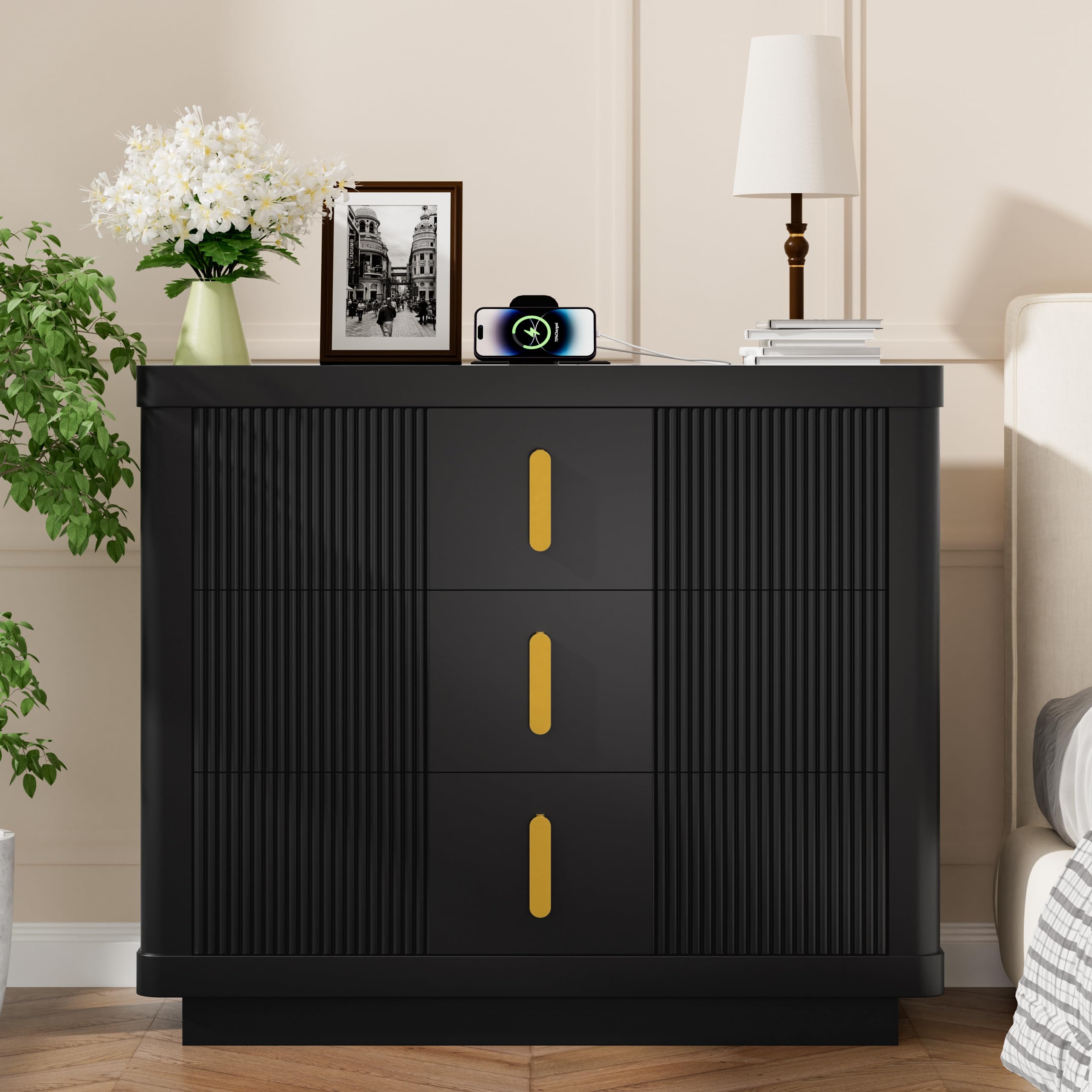 Nightstand with 3 Drawers, Fluted Black Night Stand with Charging Station