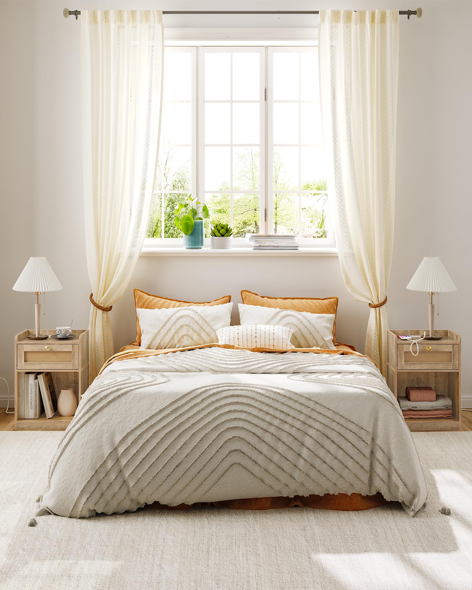 Nightstand with Charging Station, Side Table with Rattan-Style Drawer