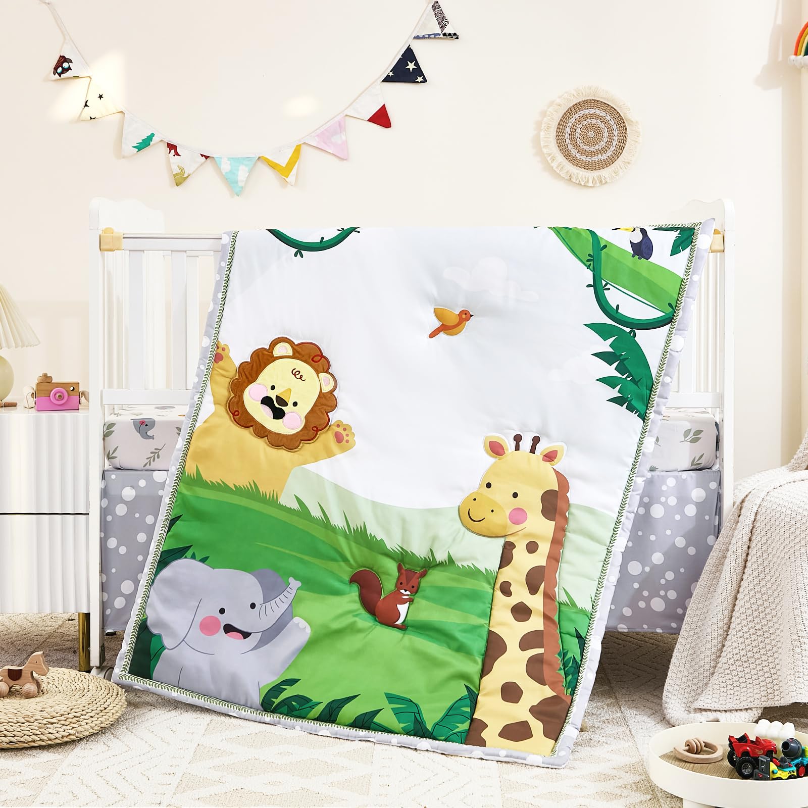 NacoMoco 3-Piece Crib Sets for Boys Girls - Ultra Soft Safari Crib Bedding Set Includes Crib Comforter, Sheet & Skirt (Happy Animals)