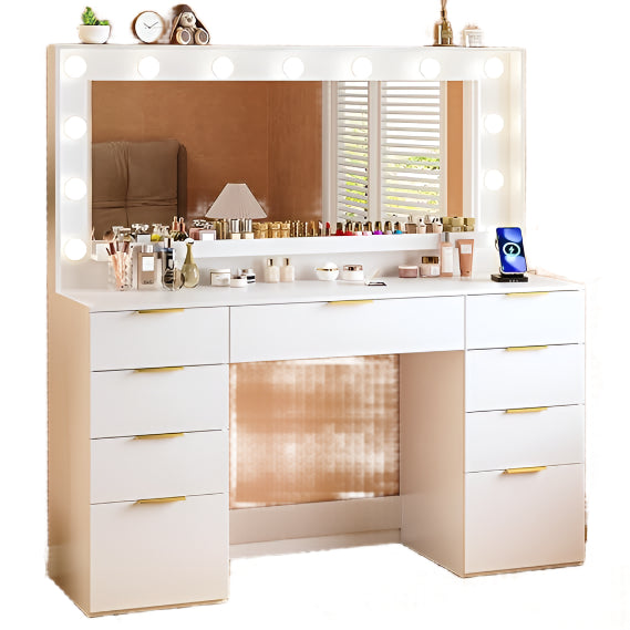 Desk with Mirror and Lights, Makeup Vanity with Large Mirror & 13 Lights