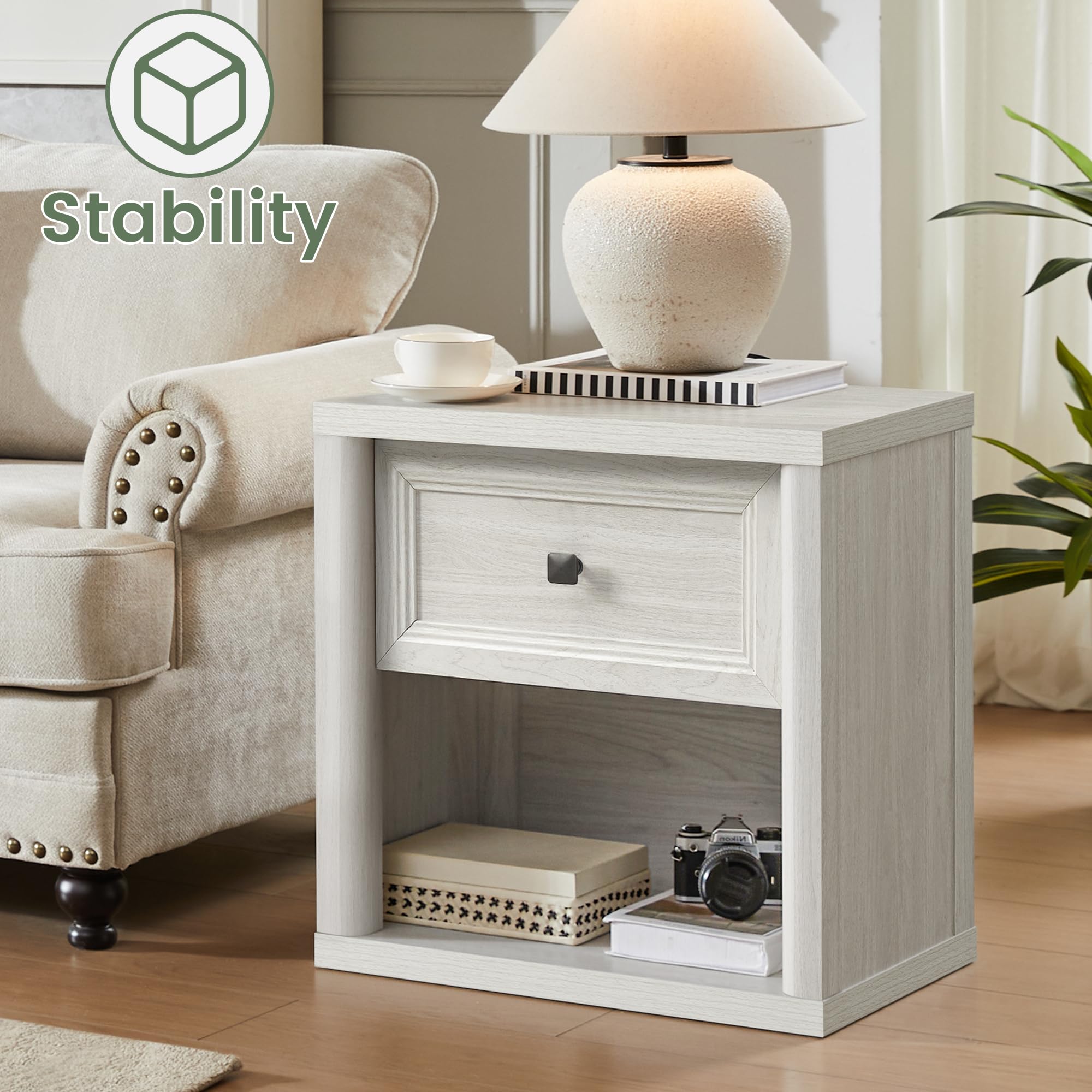 White Night Stand Set of 2, Farmhouse Nightstands with Deep Drawer