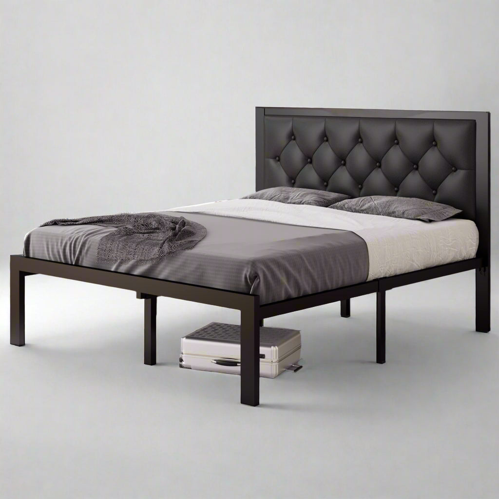 Full Size Metal Bed Frame with Faux Leather Button Tufted Headboard