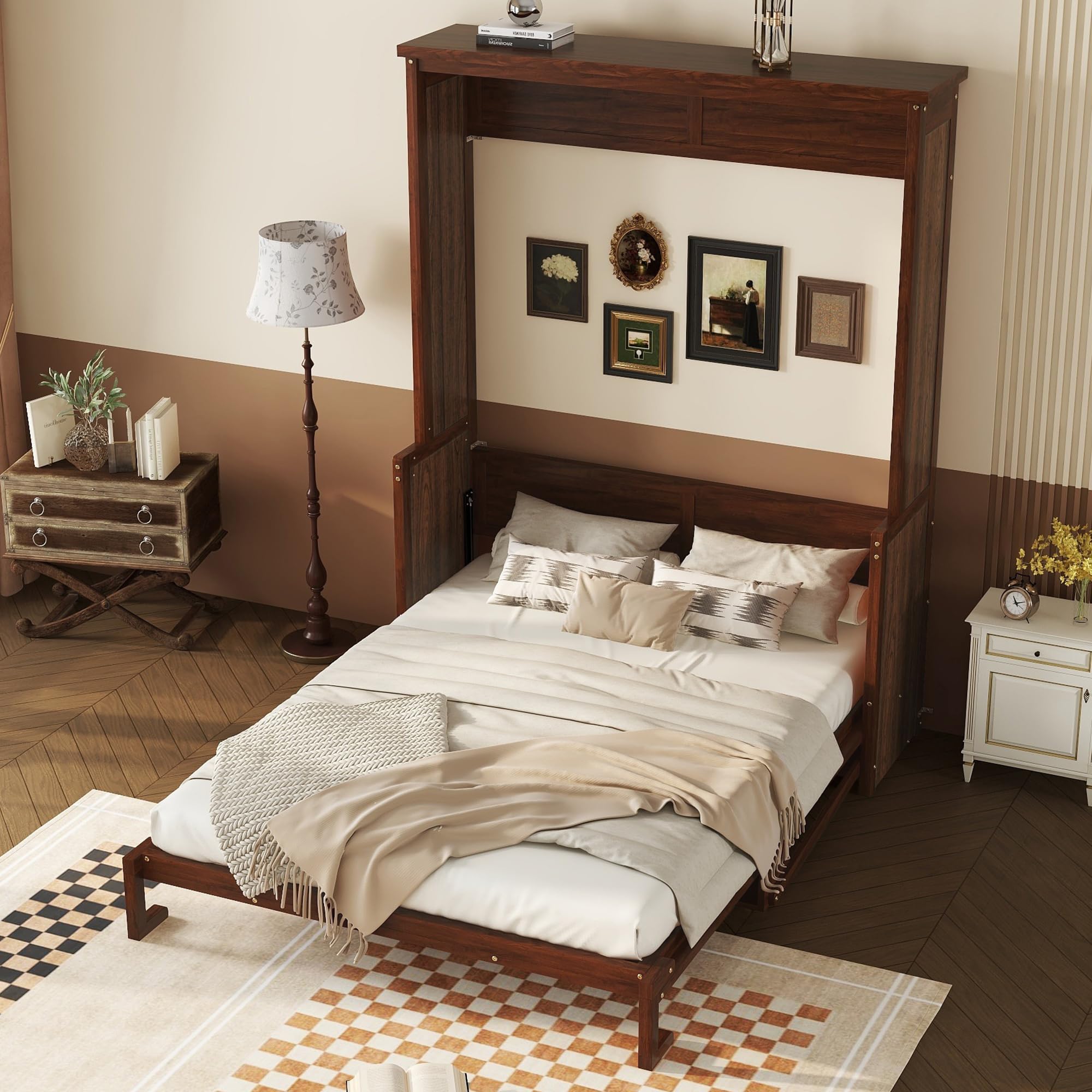 Size Wood Murphy Bed, Hidden Wall Bed Frame with Storage Shelf