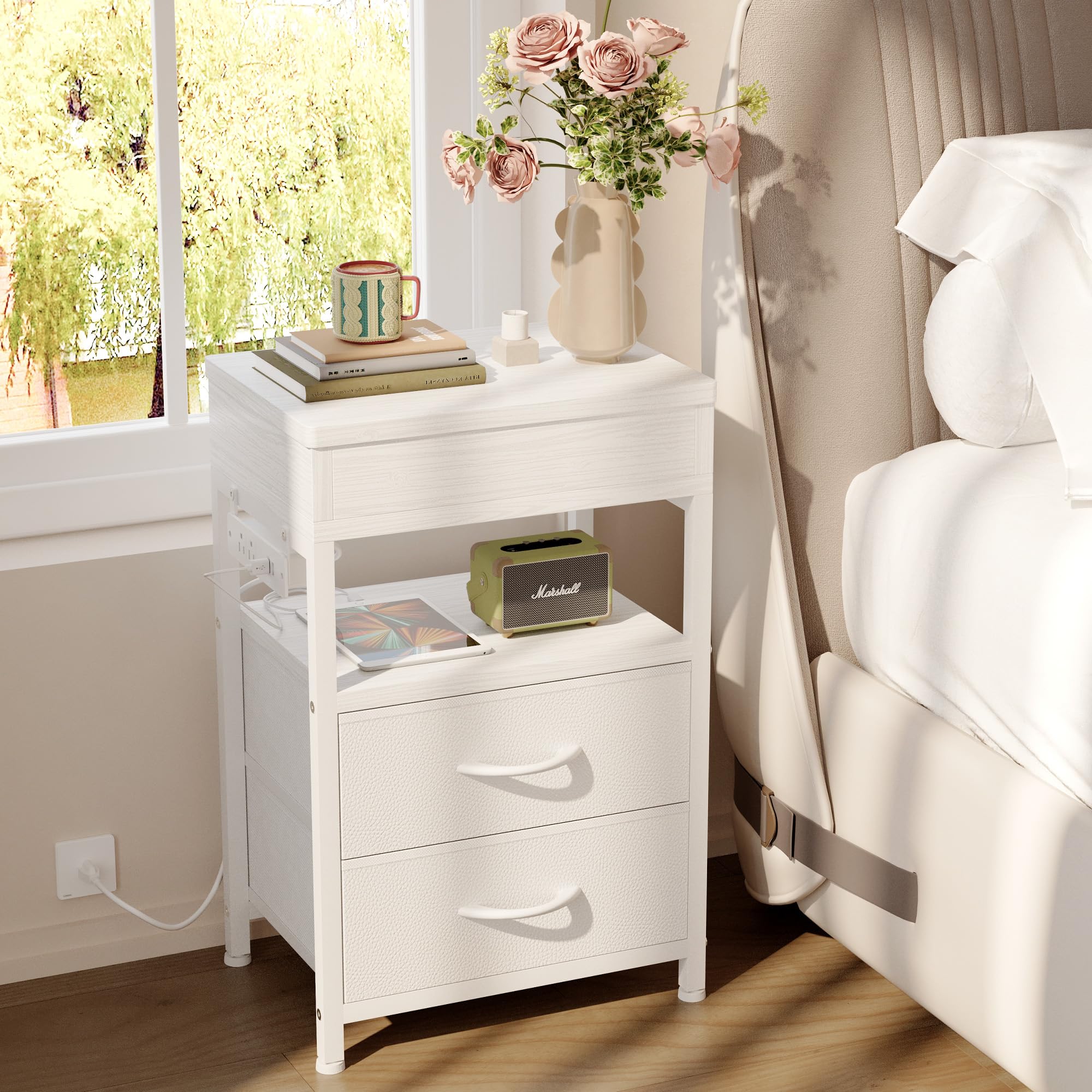 Nightstand Bedside Table Hidden Drawer - Night Stand with Charging Station