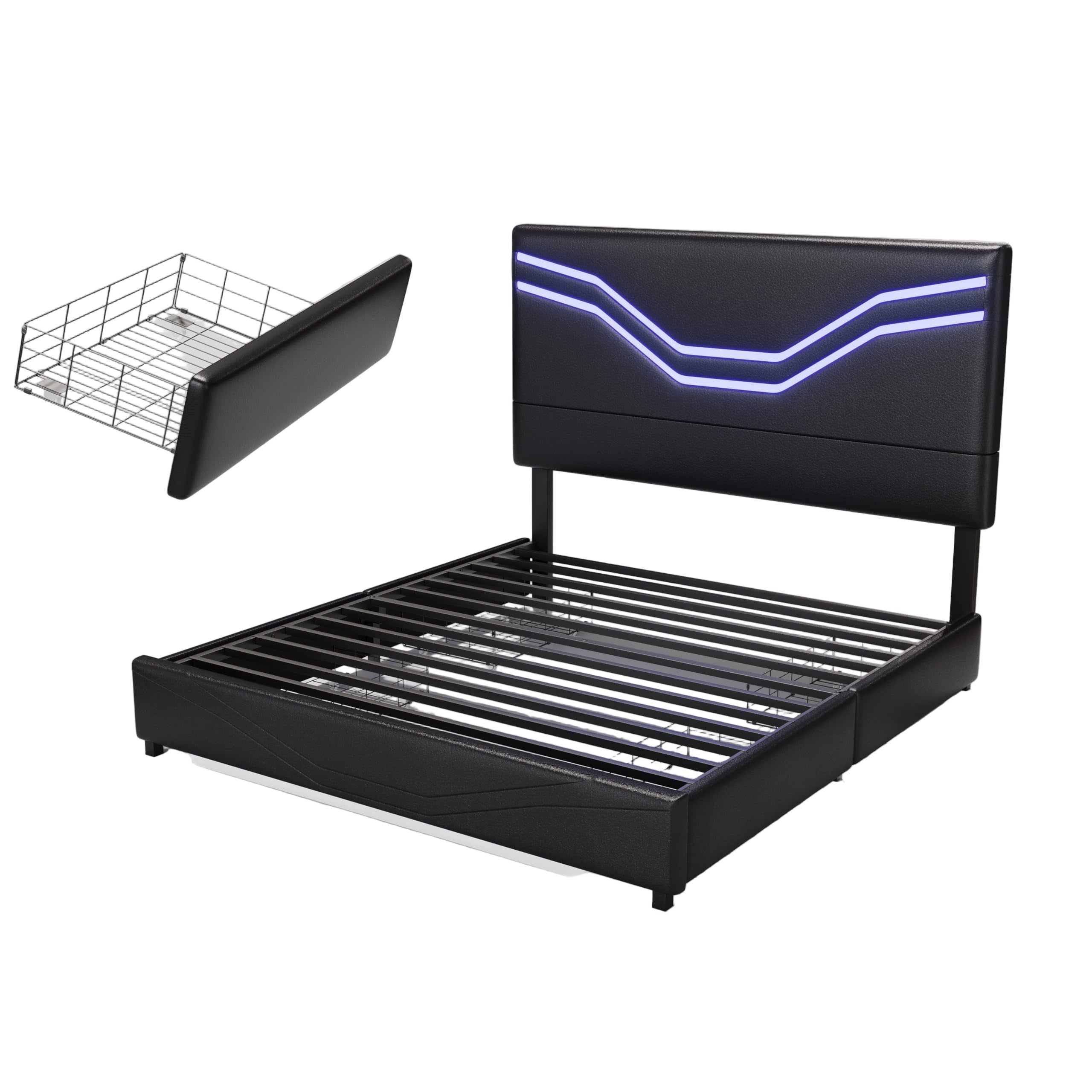 Queen Size Platform Bed Frame with LED Lights, 4 Storage Drawers