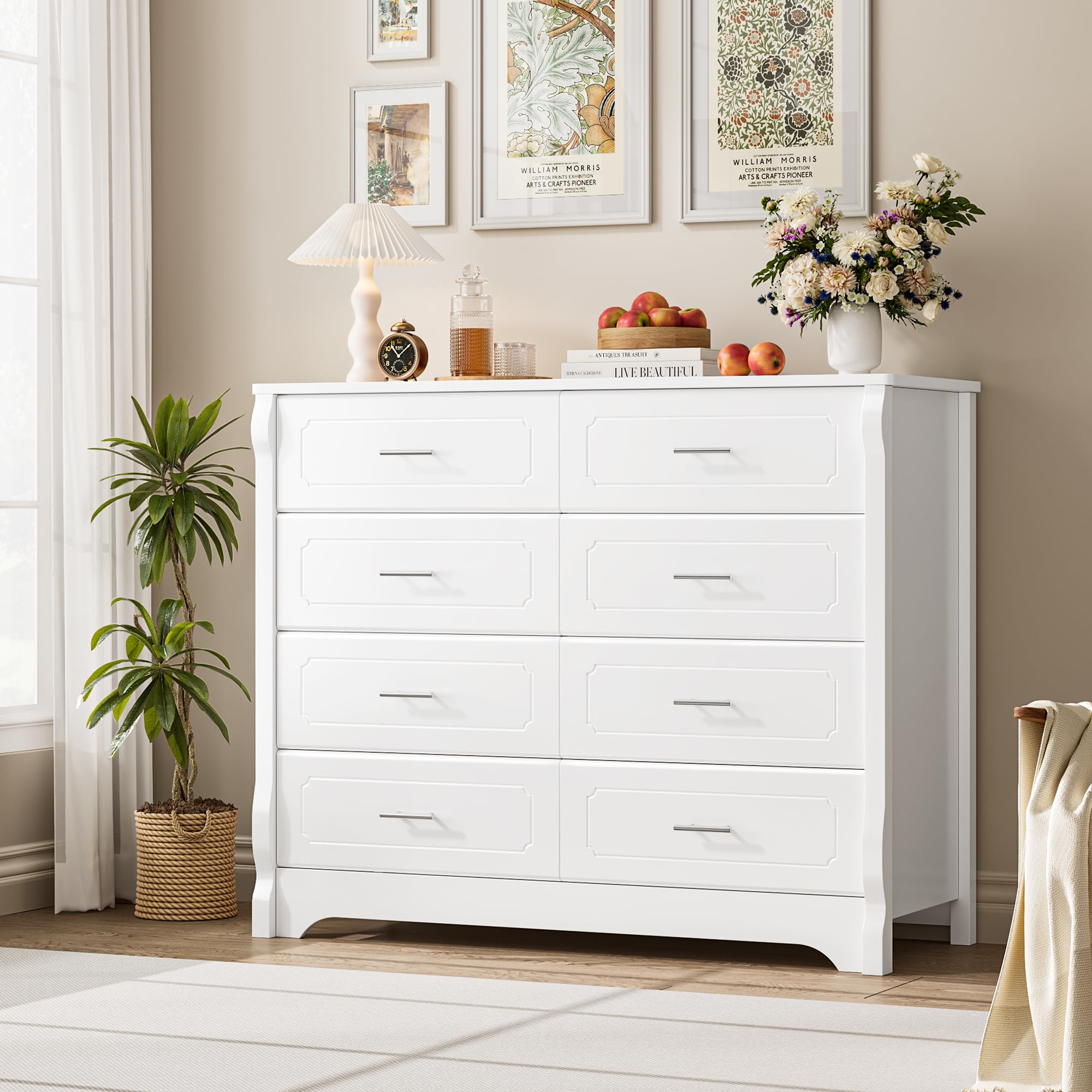 White 8 Drawer Dresser for Bedroom, 47" Wood Dresser & Chest of Drawer