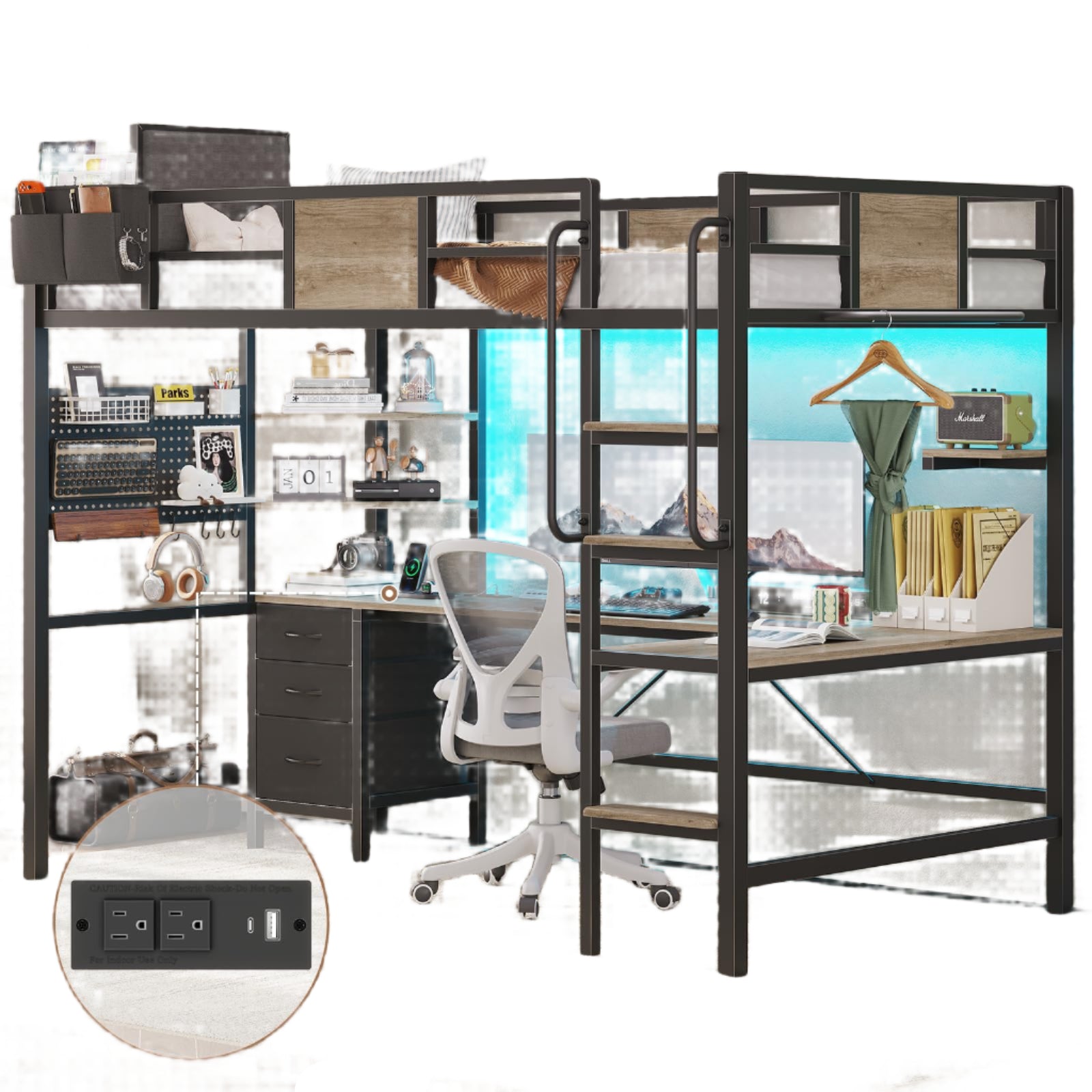 Bed Twin Size with 3 Storage Shelves and 3 Fabric Drawers