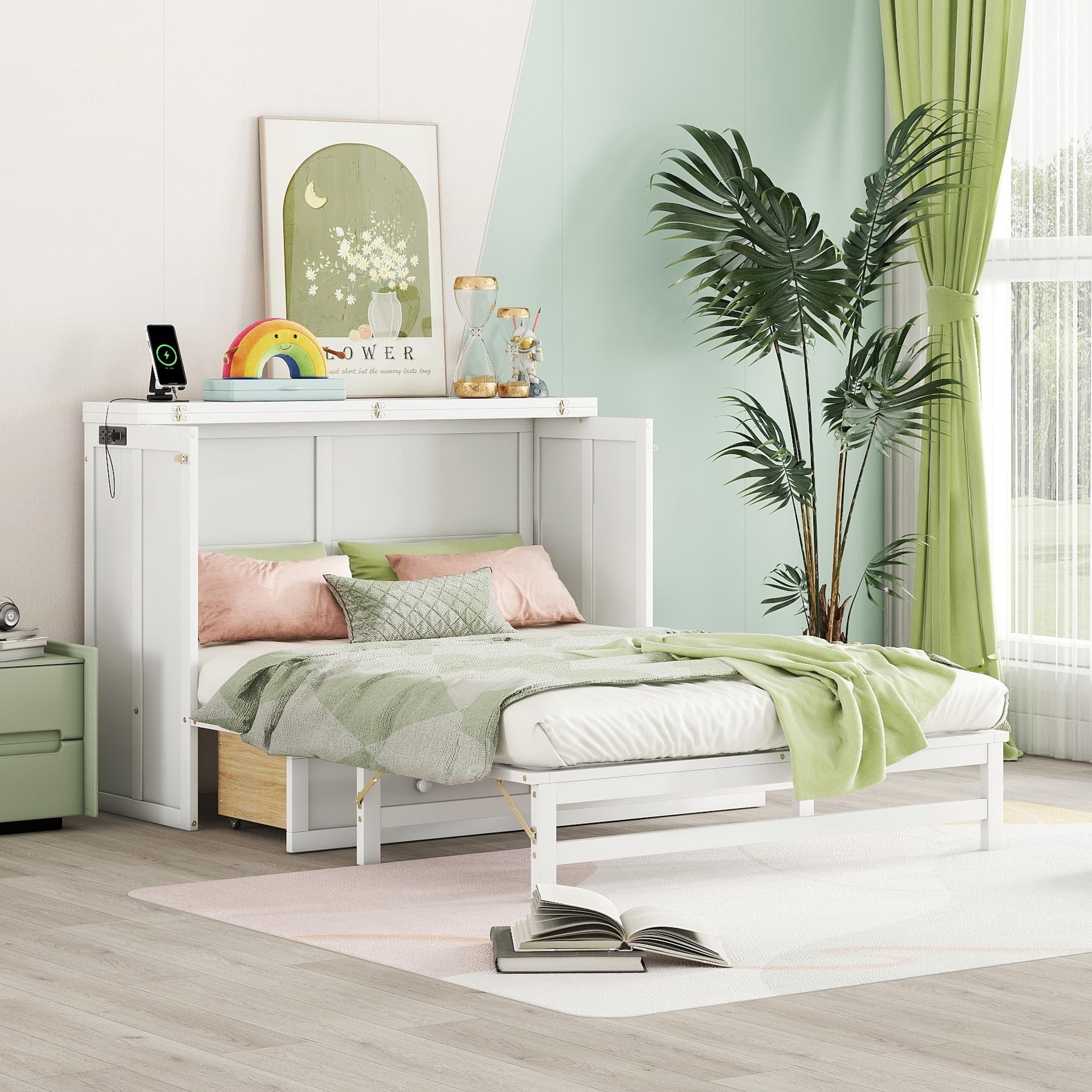 Size Cabinet Murphy Bed with Charging Station and Drawers, Multiple Storage