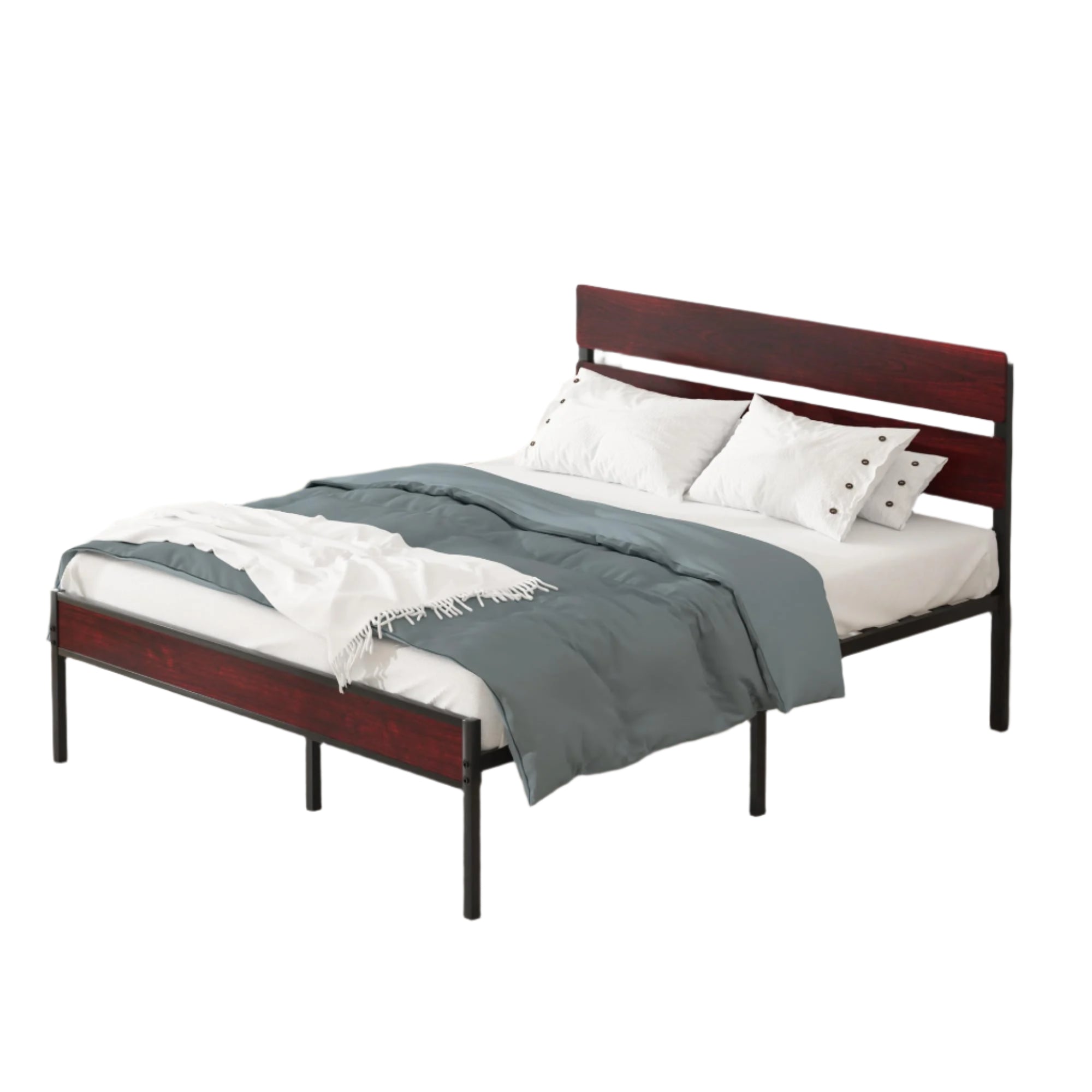Metal Platform Queen Bed Frame with Wooden Headboard