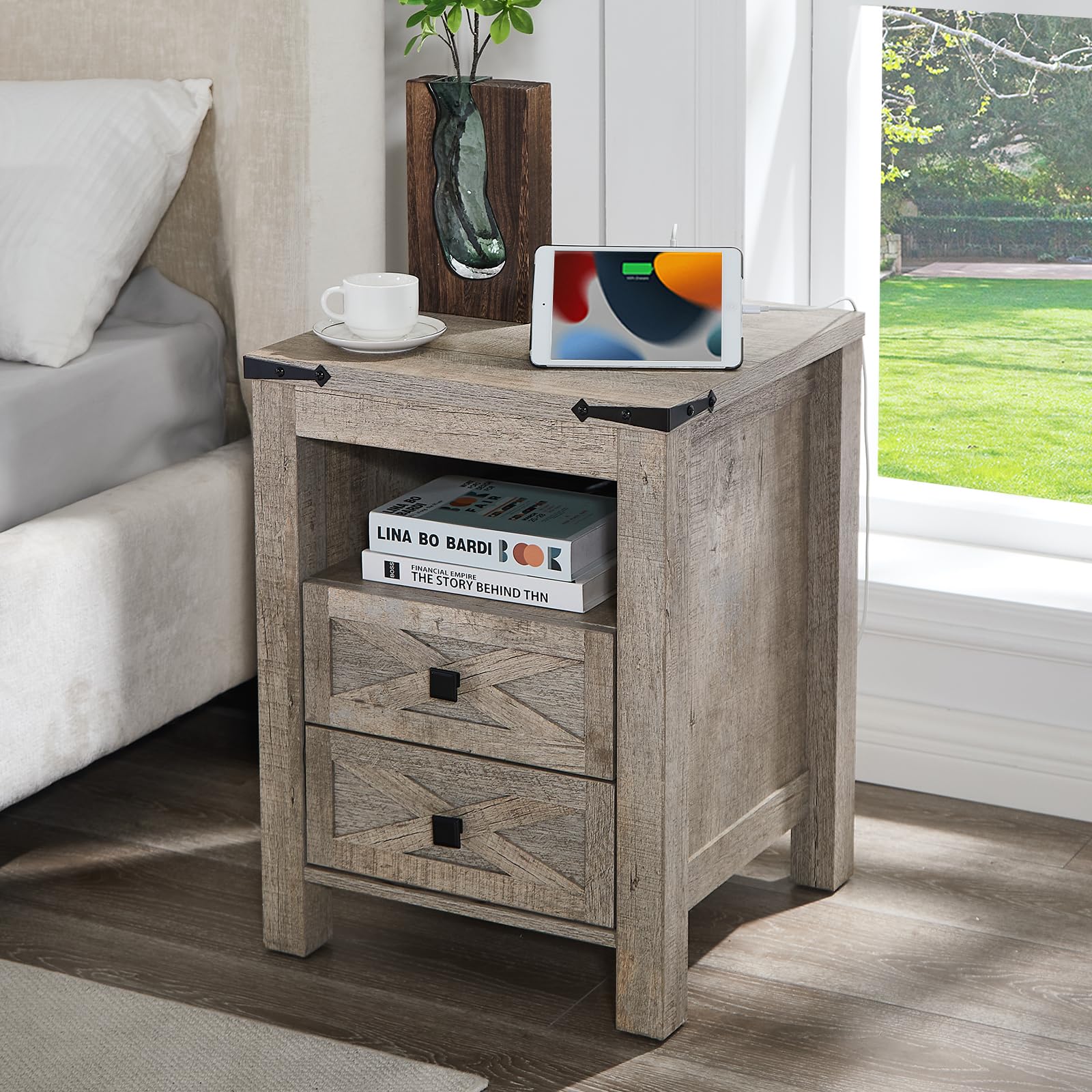 Nightstand with Charging Station, 2 Drawers End Table, 18" Wood Side Table