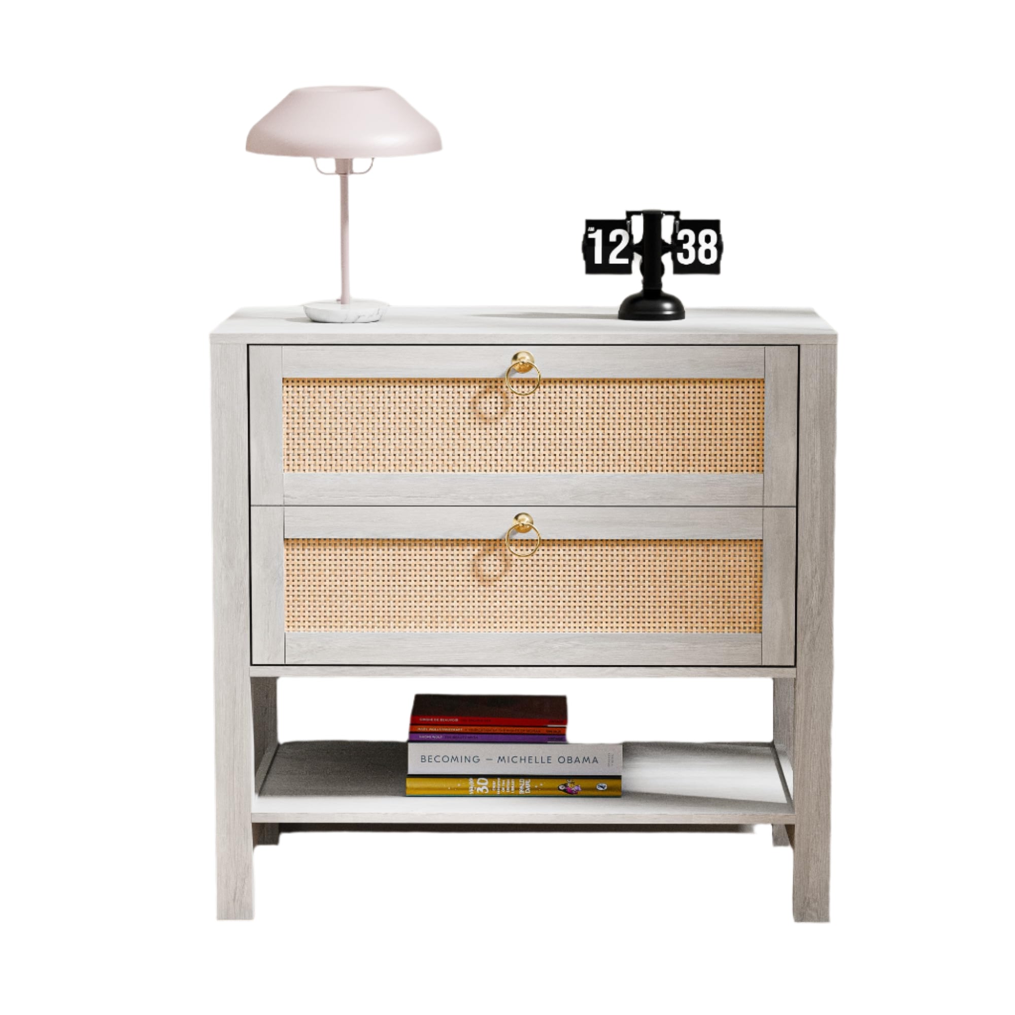 Rattan Nightstand with Drawers, Mid Century Modern Night Stand with Open Storage Shelf