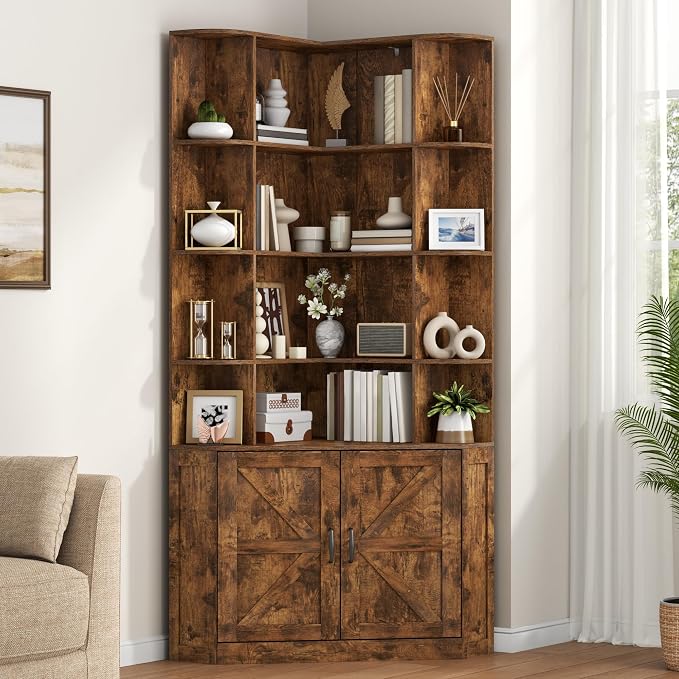 L-Shaped Corner Bookcase with Doors, 6-Tier