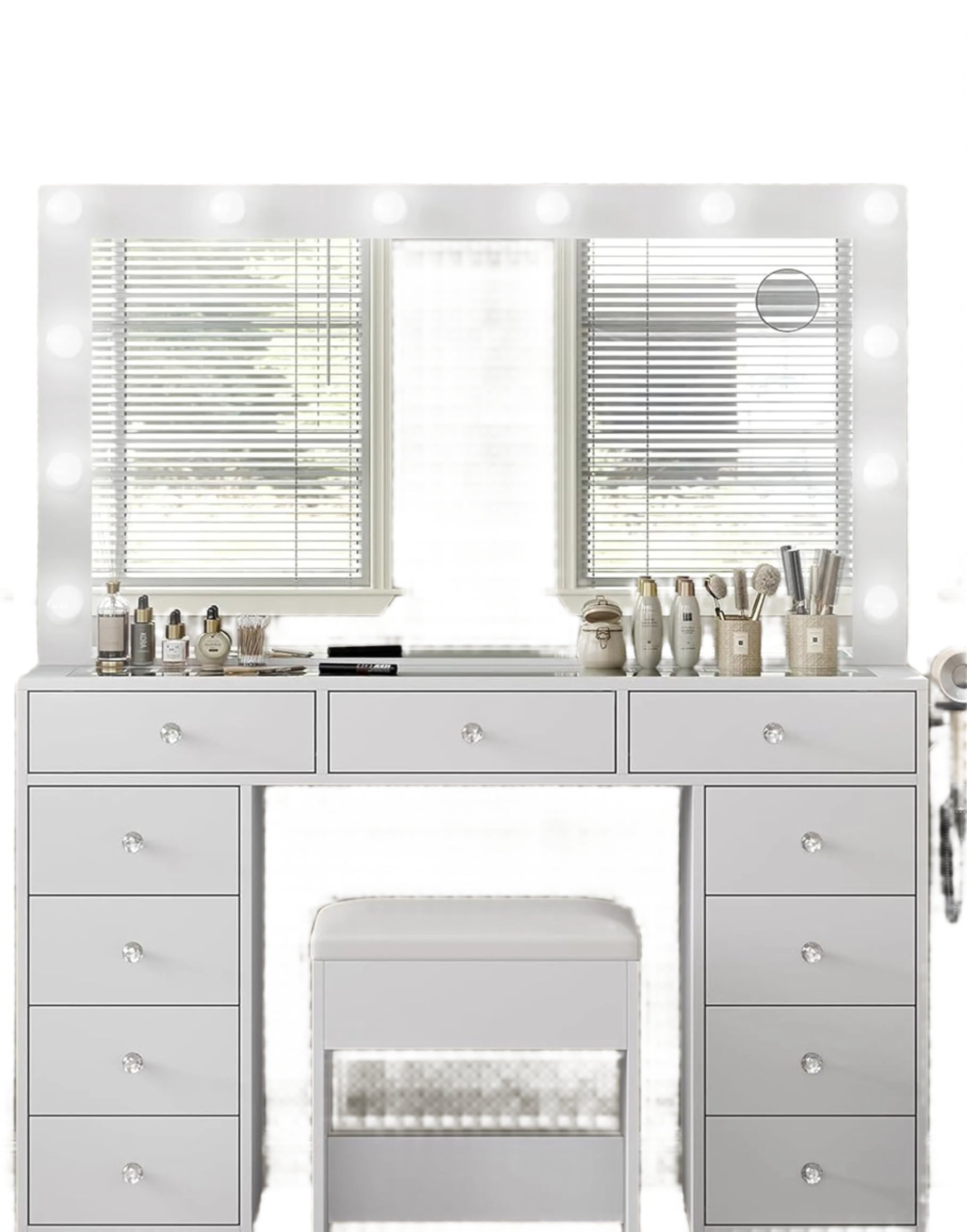 Desk with Illuminated Mirror & Power Outlet, 11 Drawers Vanity Table
