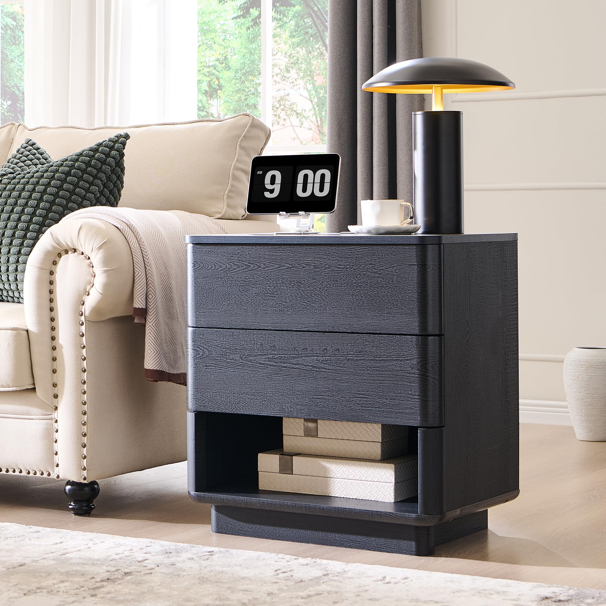 Nightstand with Charging Station, 22" Push-to-Open Bedside Table with 2 Storage Drawers
