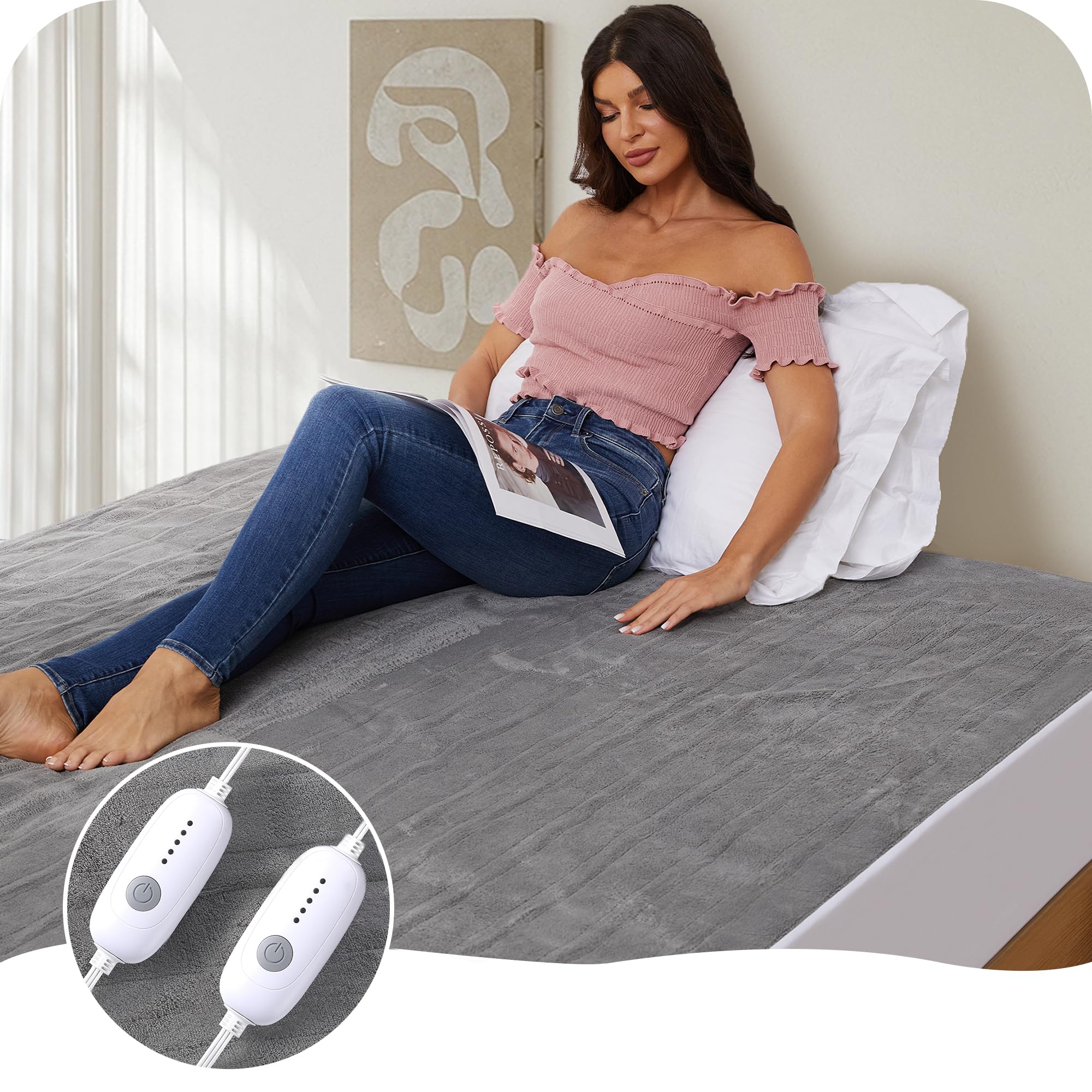 Heated Mattress Pad Queen Size 60"x80", 5 Heating Levels Dual Control