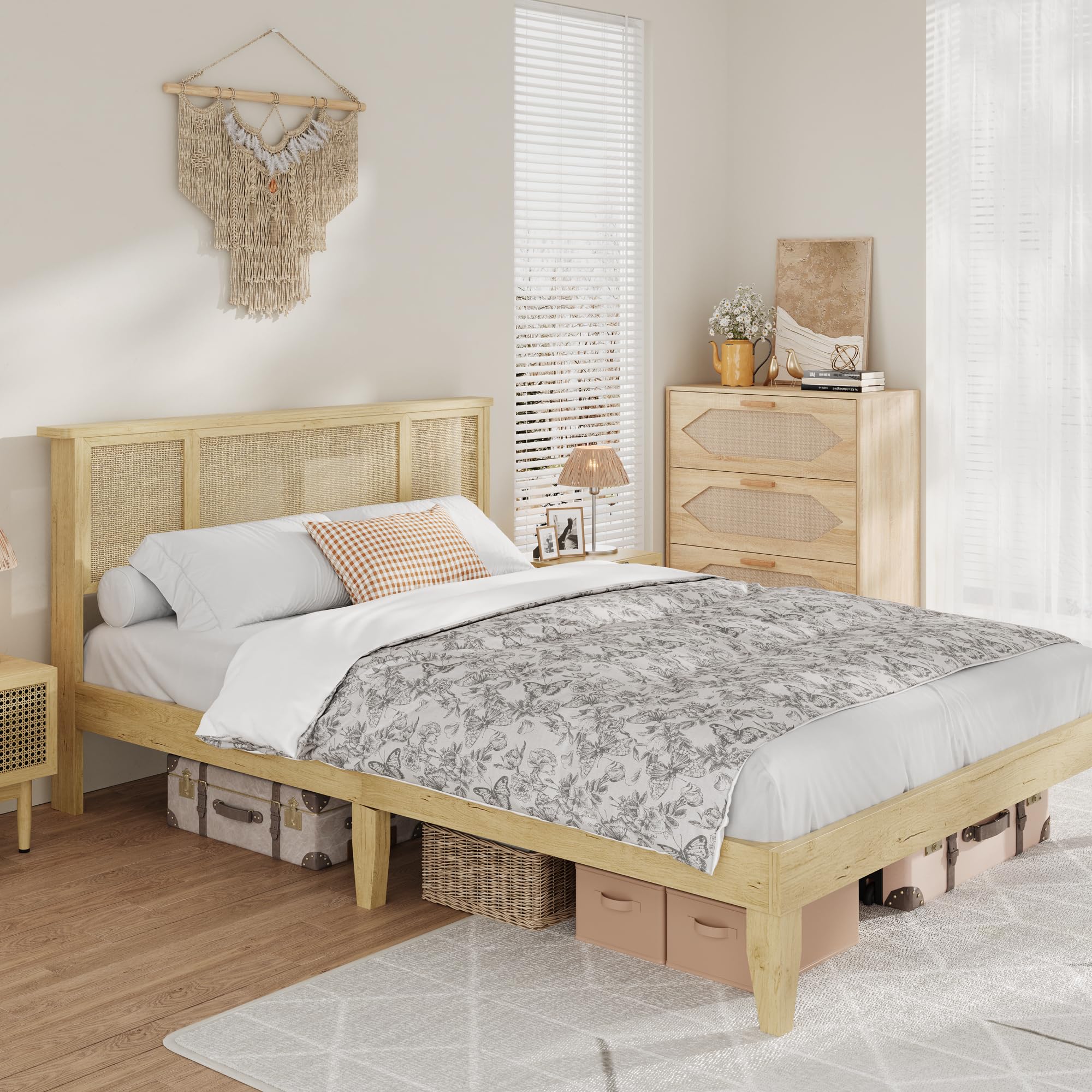 Bed Frame with Natural Rattan Headboard, Queen Size, Strong Wooden Slats
