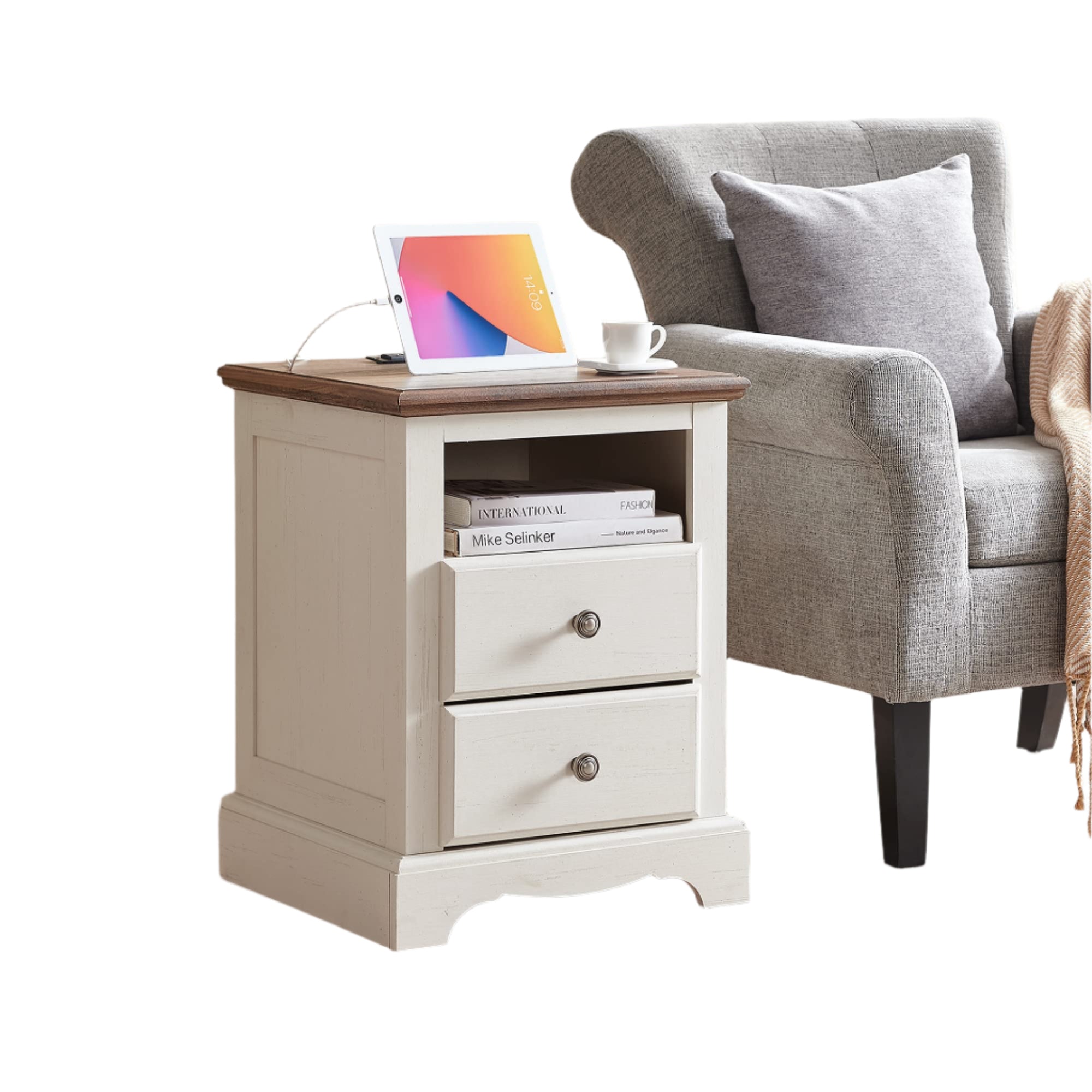 18 Inch Nightstand with Charging Station, Wood End Table with 2 Drawers for Living Room