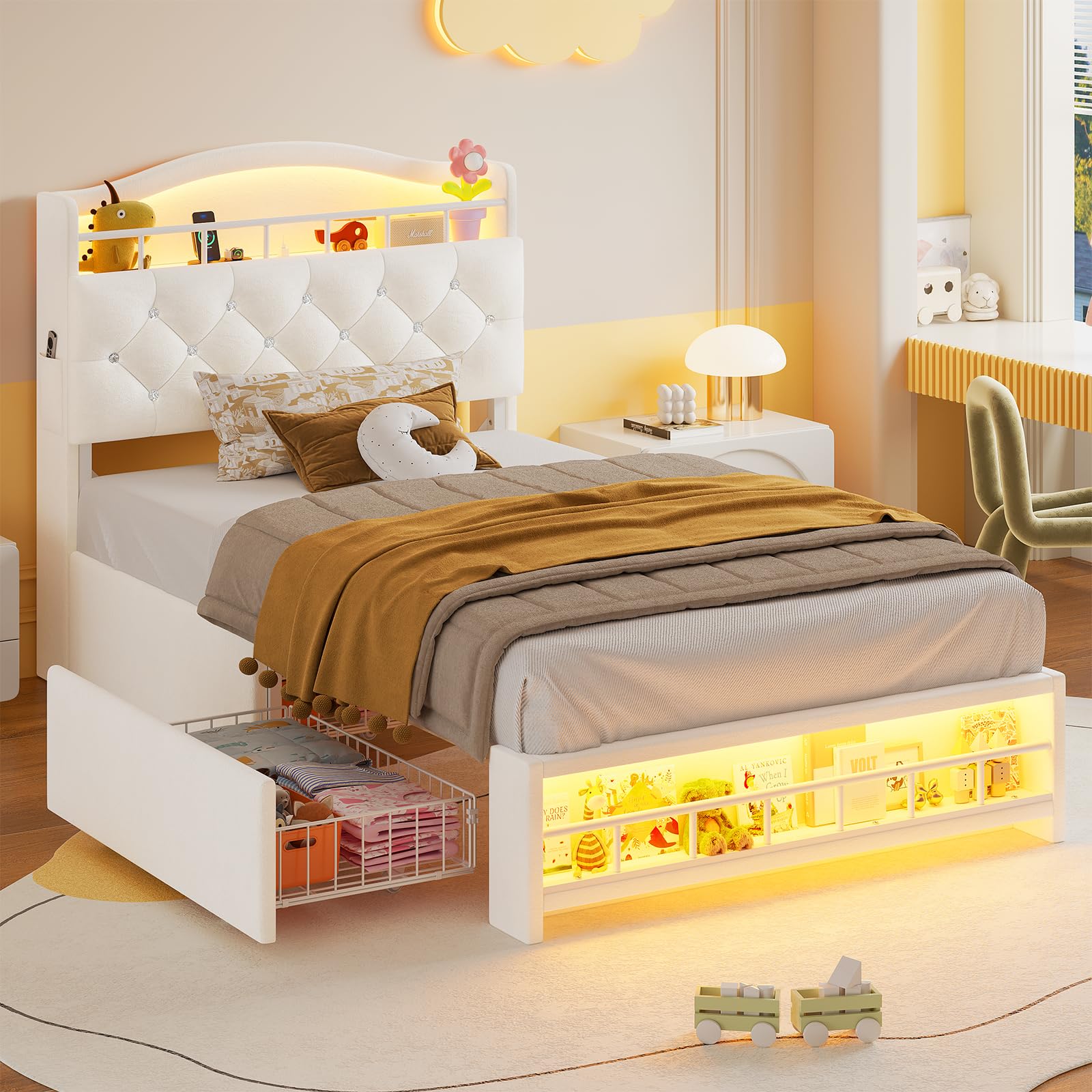 Twin Size Bed Frames for Girls, Princess Velvet Upholstered Platform Bed