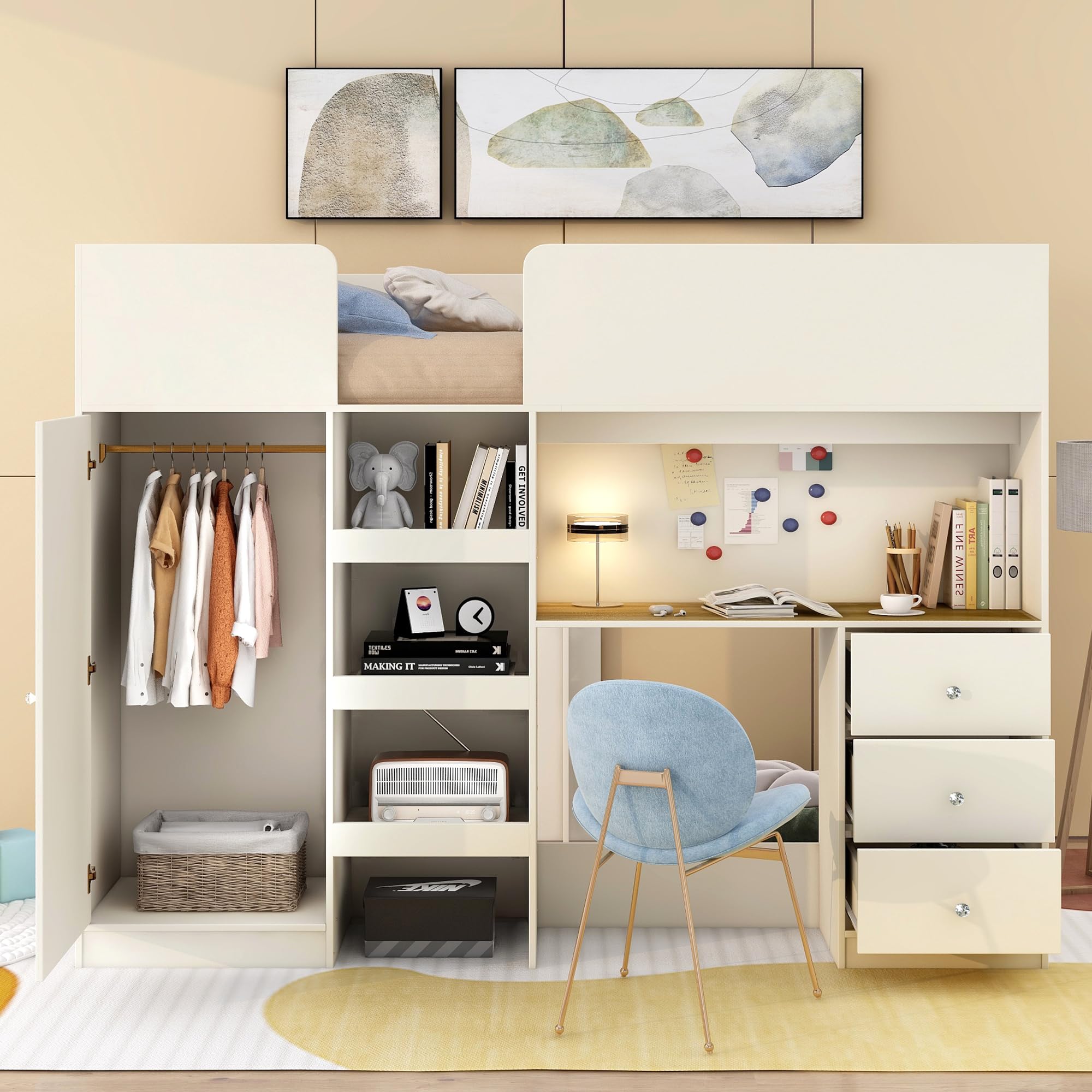 Full Size Loft Bed with Desk, Wood Full Loft Bed