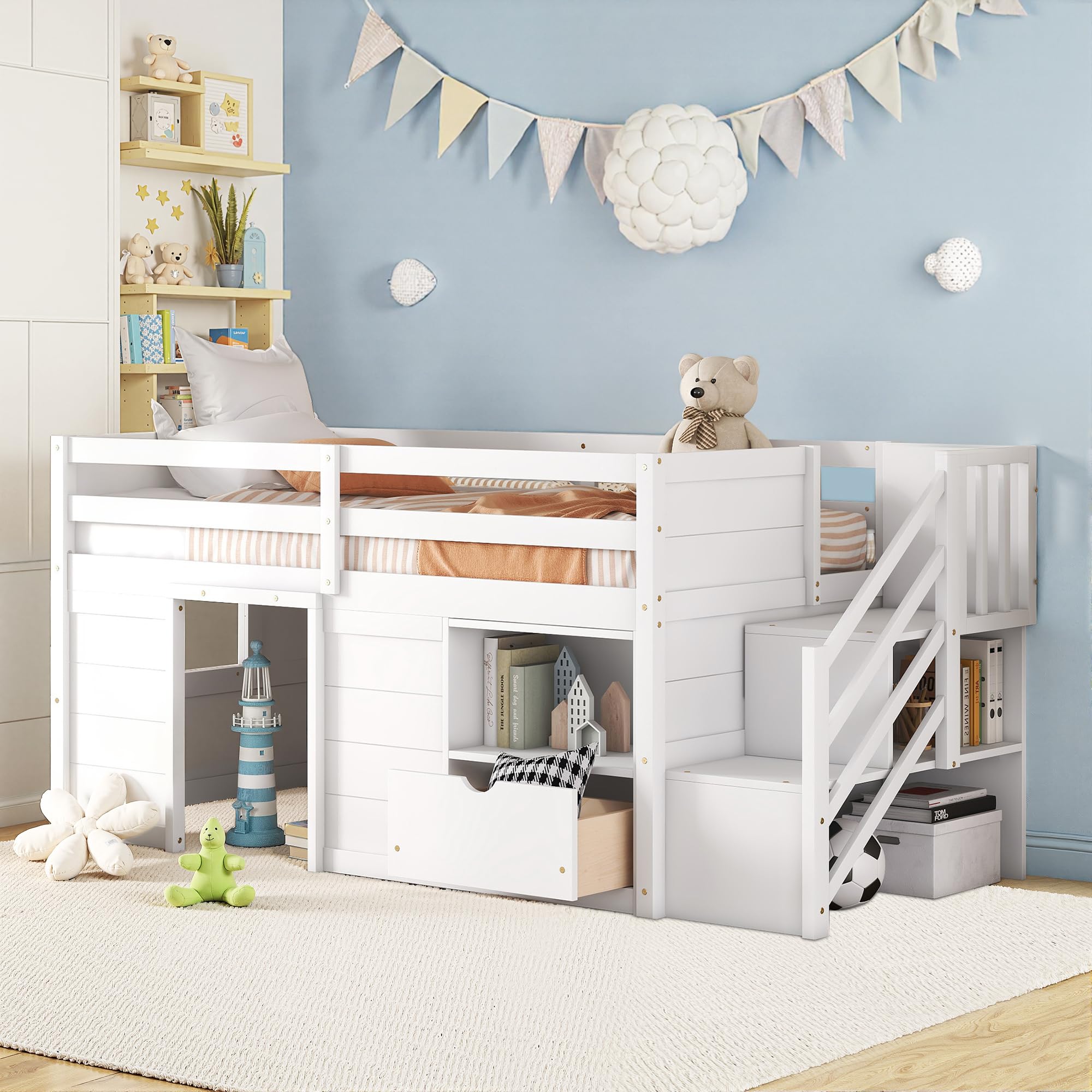 Twin Size Loft Bed, Kids Low Loft Bed with Stairs and Playhouse for Storage