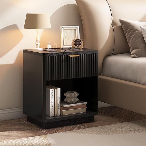 Fluted Nightstand Charging Station,Wood Modern Night Stands Storage Cabinet