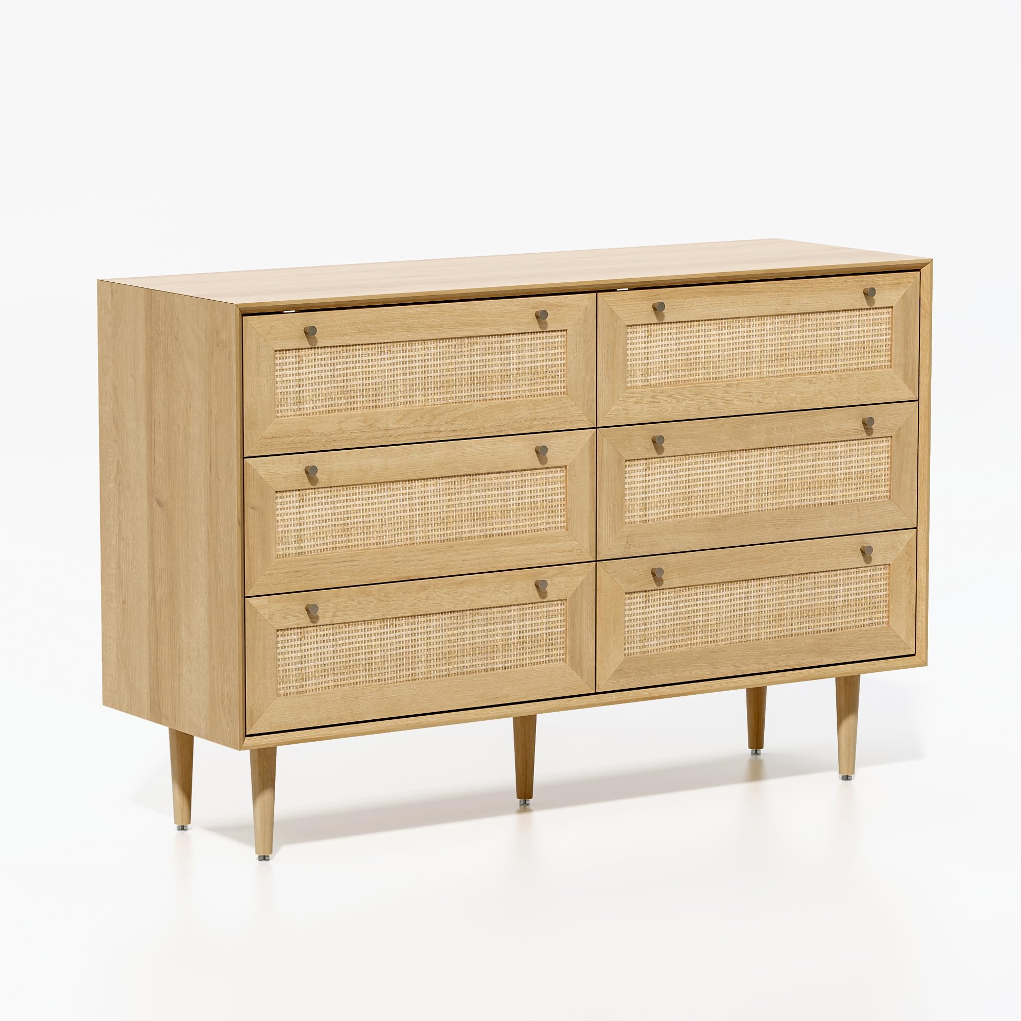 6 Drawer Dresser, Rattan Chest of Drawers with Storage Boho Closet Dresser Wood Storage