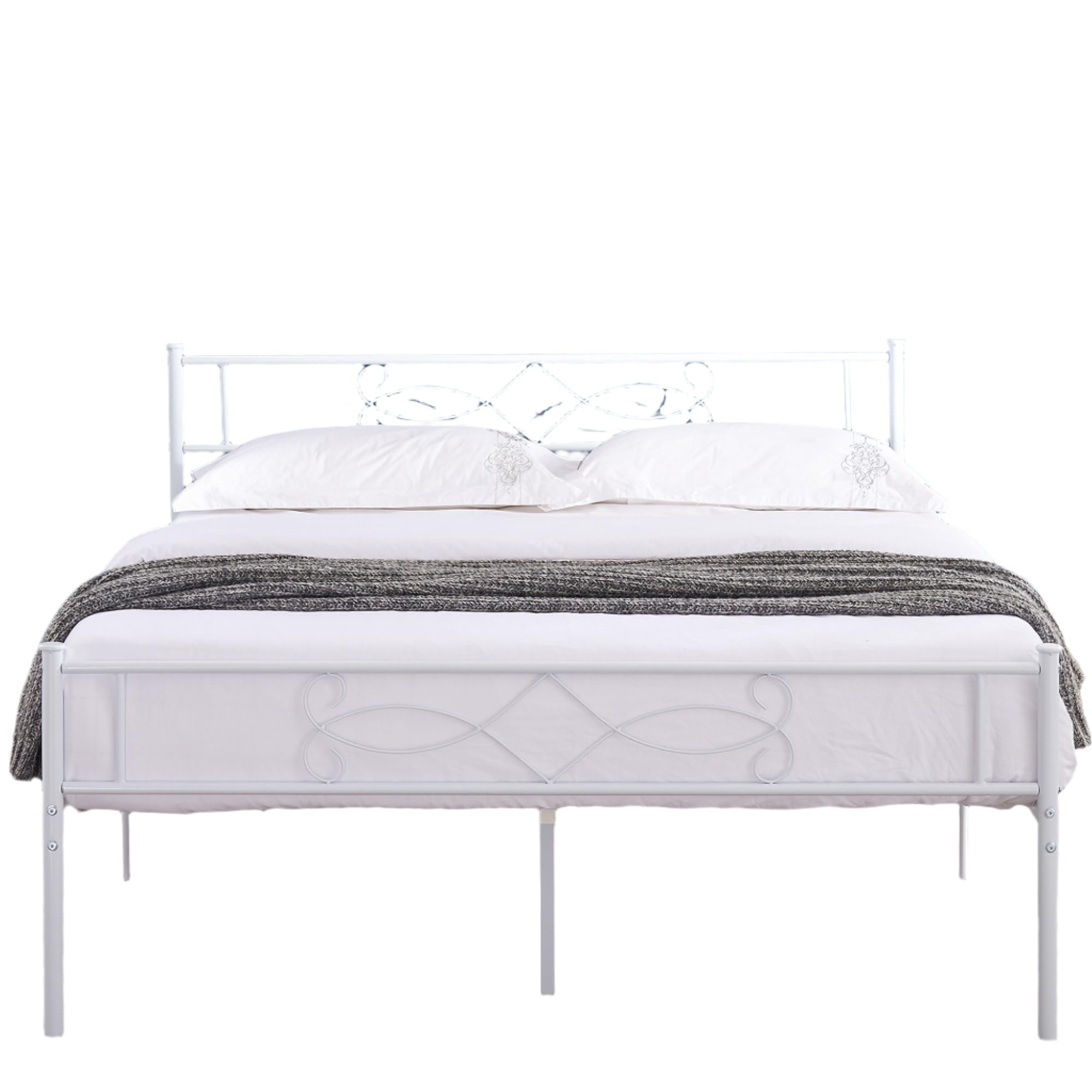 White Queen Bed Frame with Headboard/Metal Platform Base/Mattress