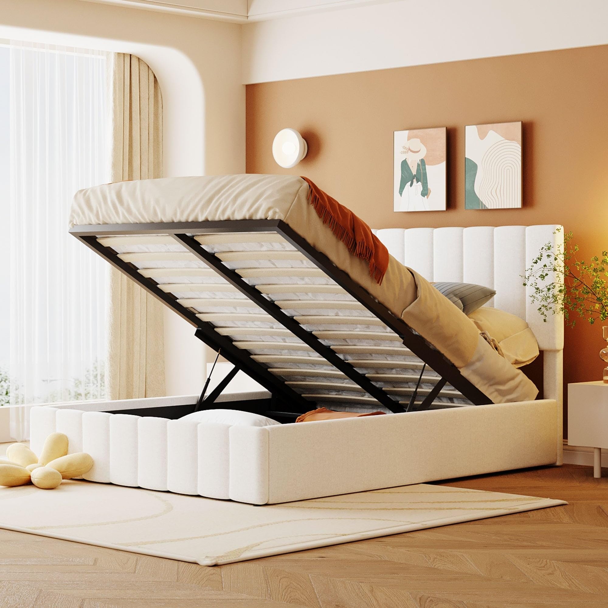 Linen Upholstered Platform Bed with a Hydraulic Storage System White - Full