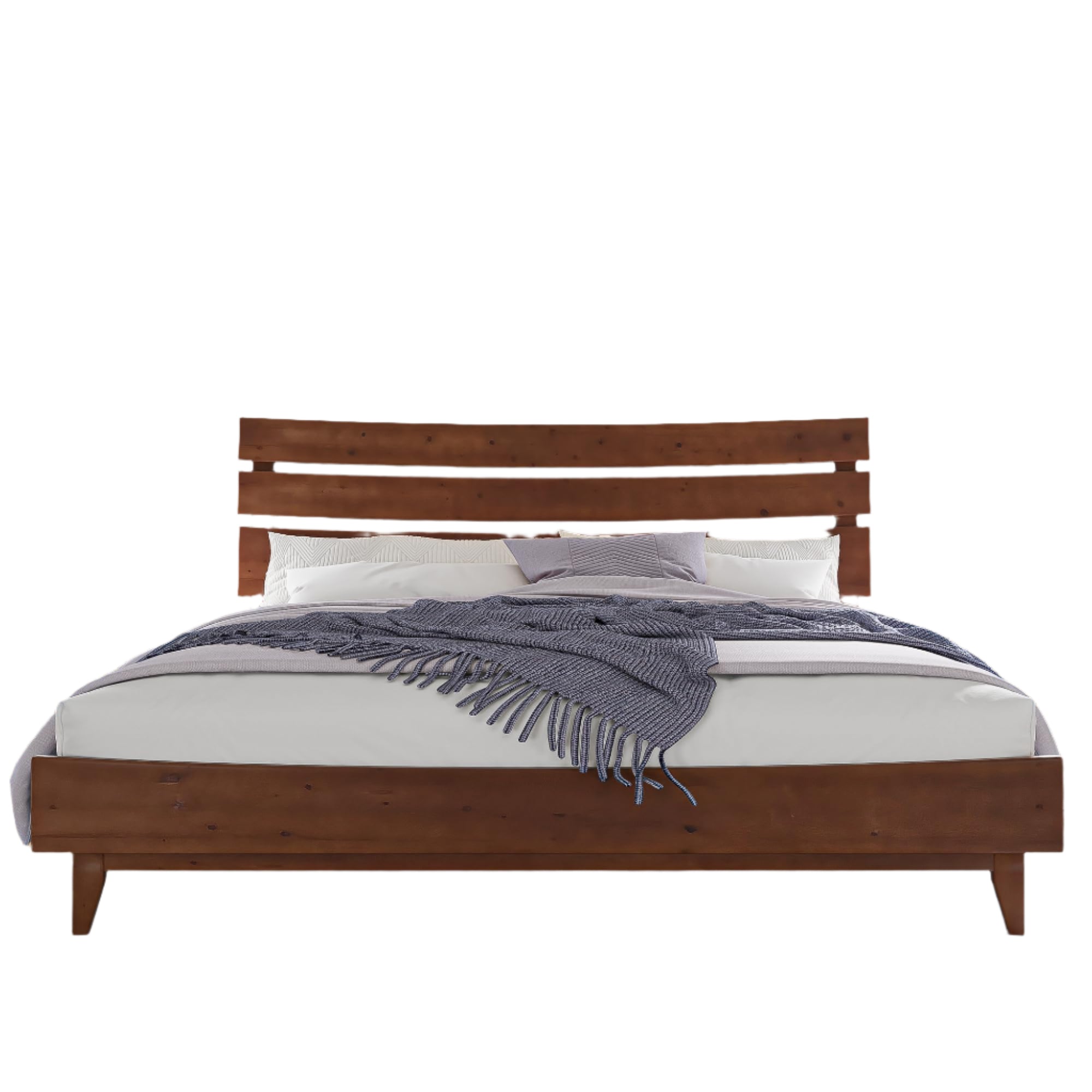 King Size Solid Wood Bed Frame, Mid-Century Platform Bed with Slatted Headboard