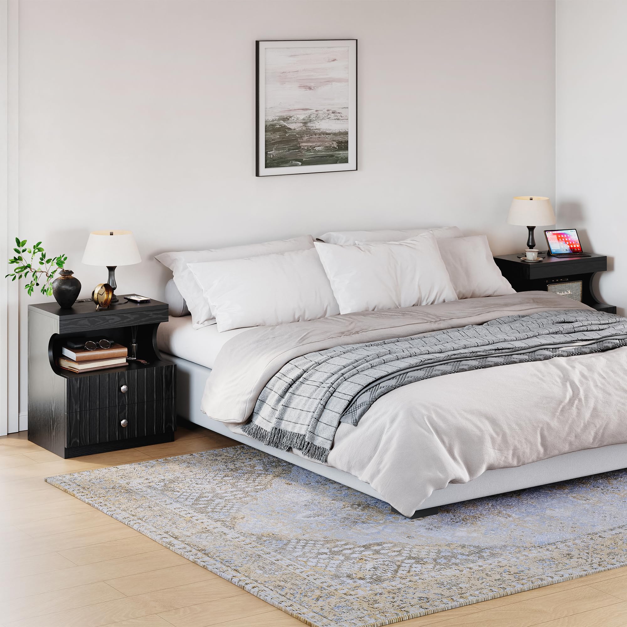 21" LED Nightstand with Charging Station, End Table with 2 Drawers Storage