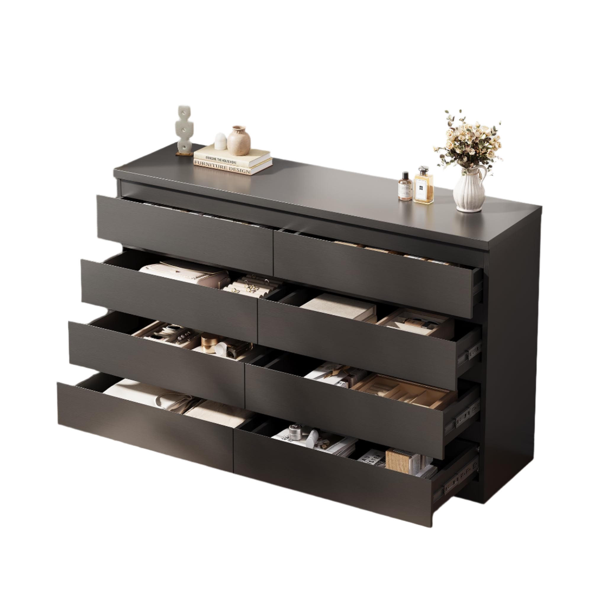 Modern Black 8 Drawer Dresser for Bedroom, Simply Chest of Drawers, Wood Storage
