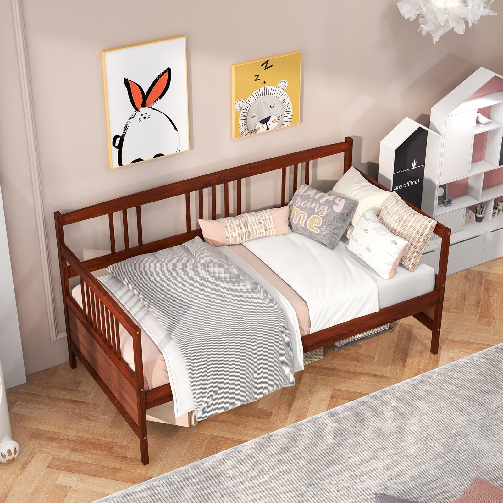 Twin Wooden Daybed Frame, Sofa Bed w/Solid Wood Slats Support Frame & Rails