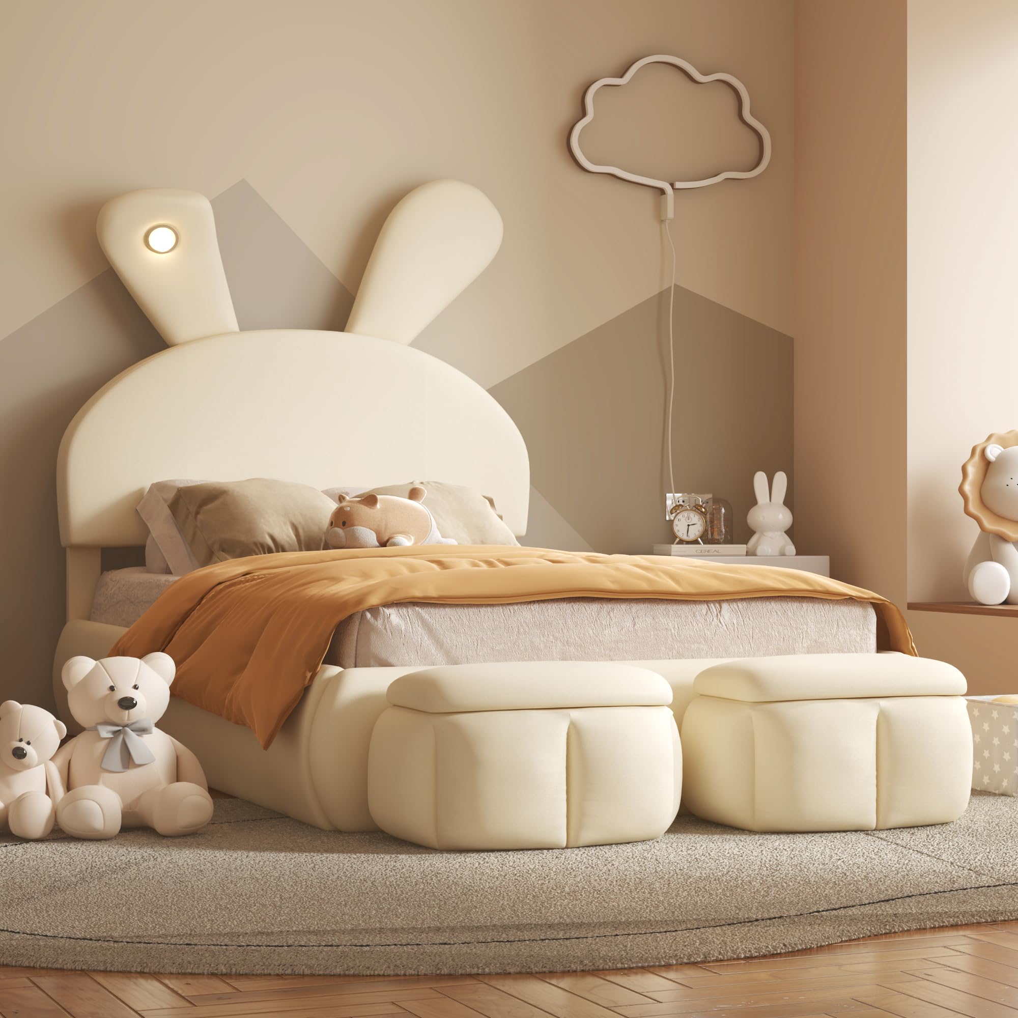 Platform Bed Frame, Twin Size Bed Frame with Cartoon Ears Shaped Headboard