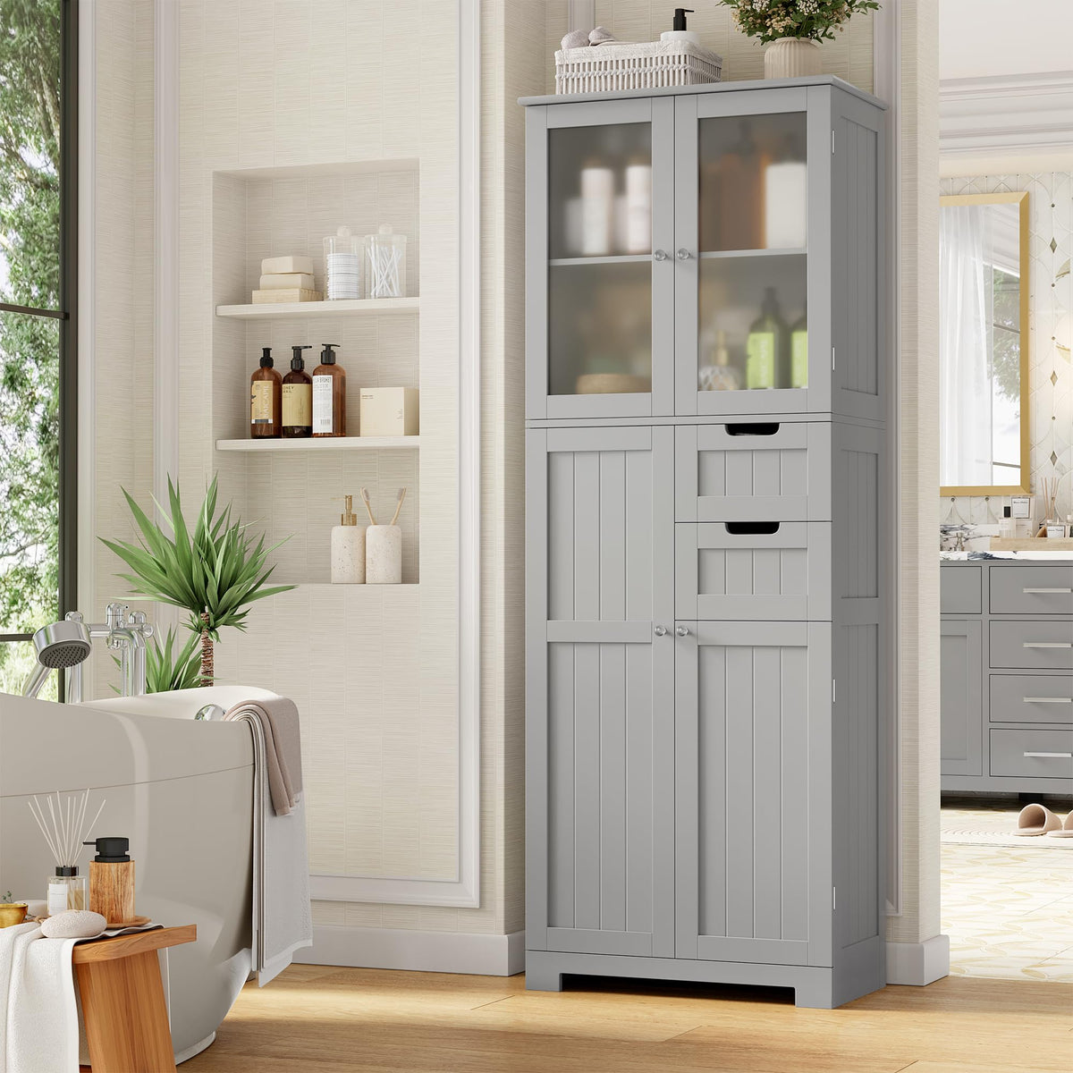 67" Tall Bathroom Storage Cabinet with Frosted Glass Doors