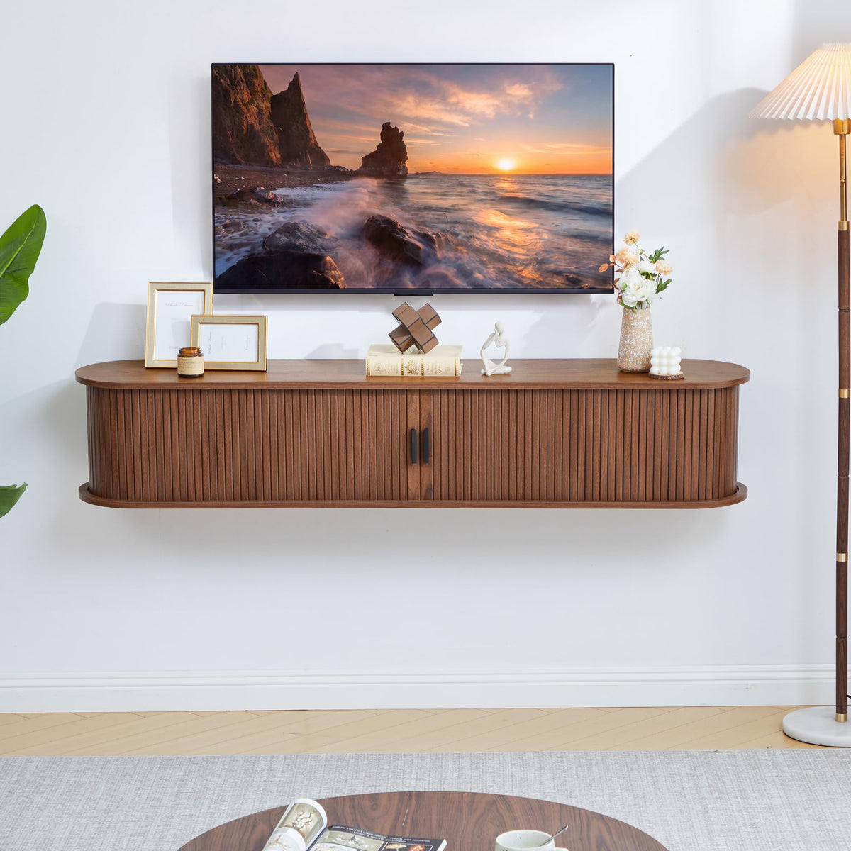 Floating TV Stand with Sliding Fluted Doors
