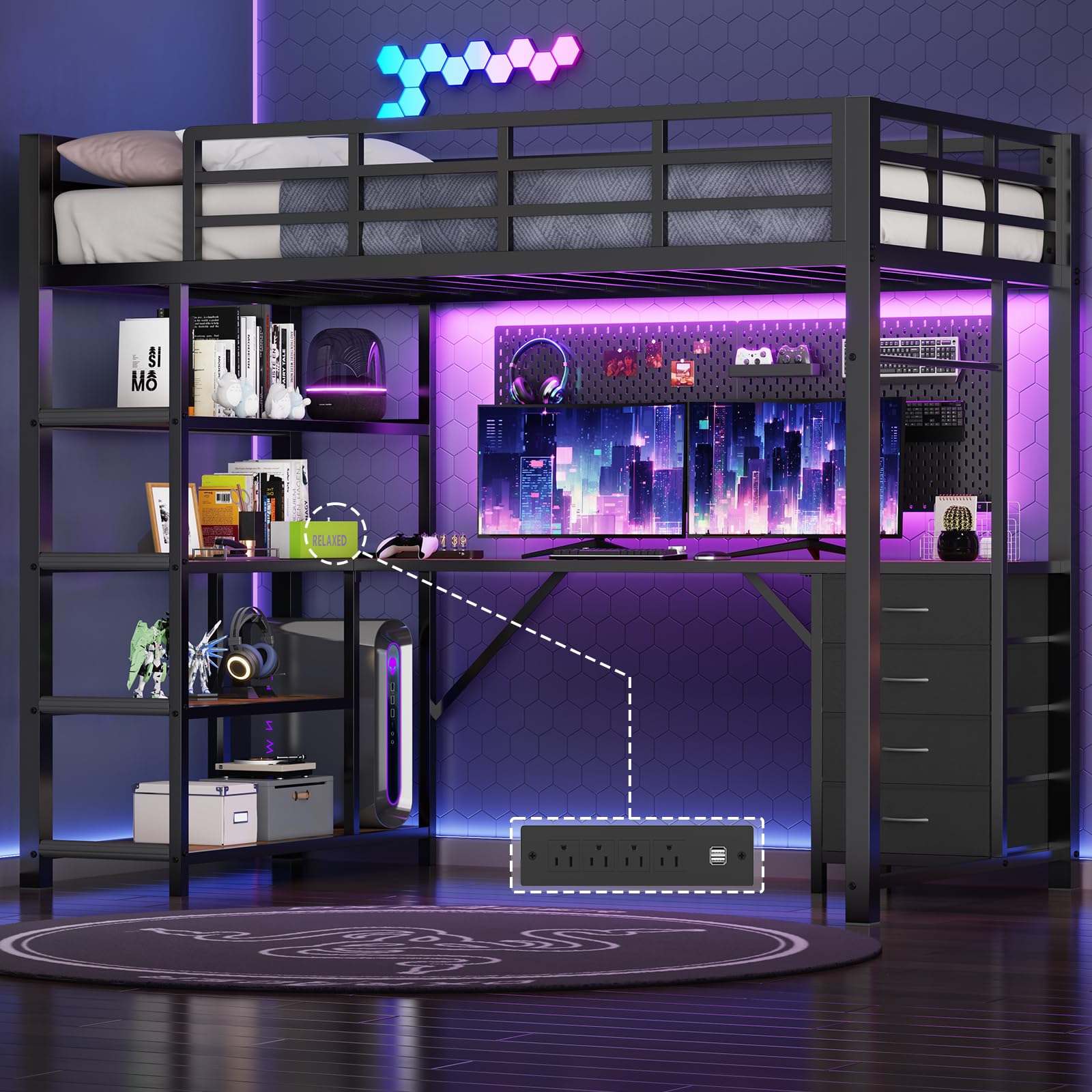 Loft Bed Twin Size with L Shape Desk,4 Drawers,3-Tier Storage Shelves