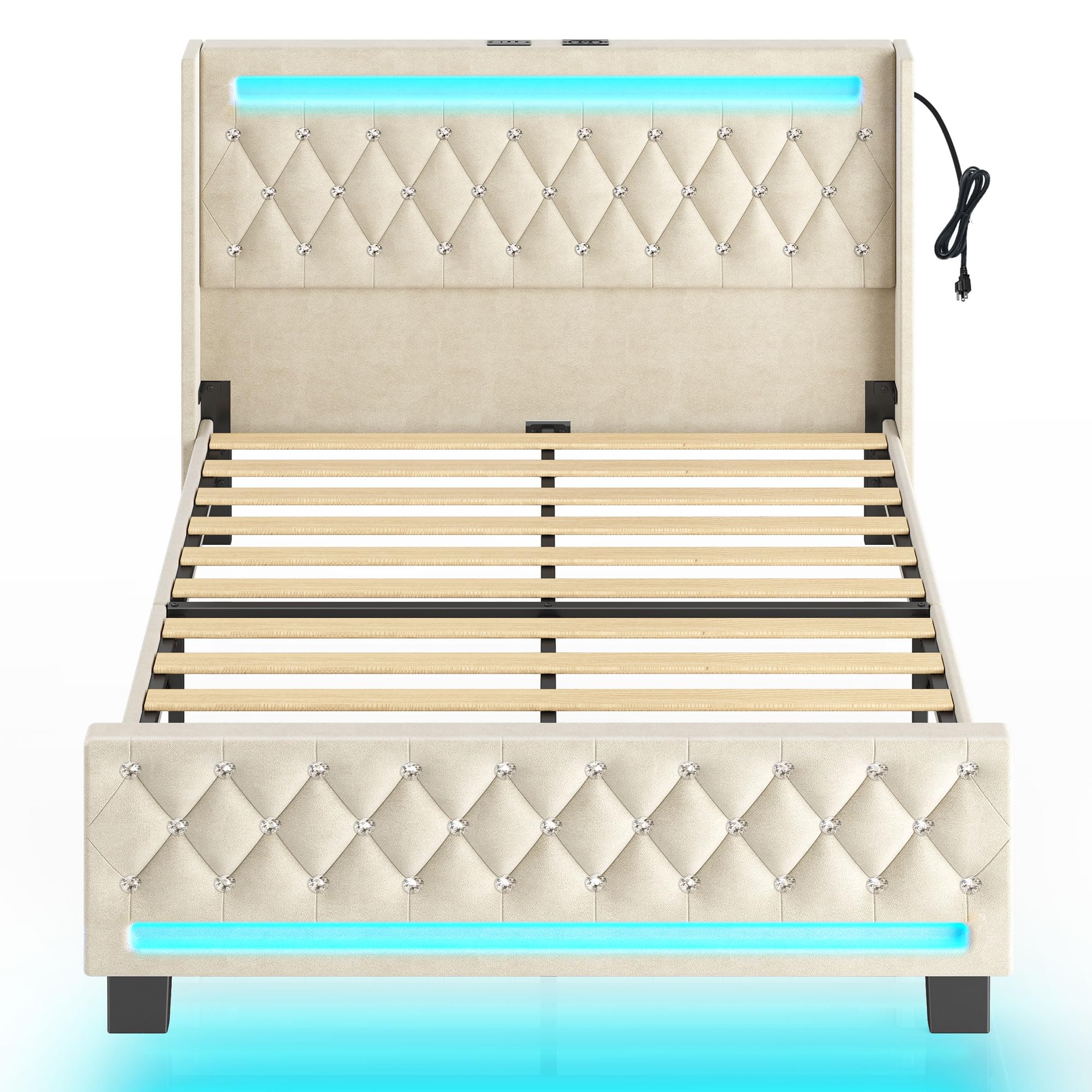 Queen Bed Frame with LED Light and Charging Station, Upholstered High Headboard