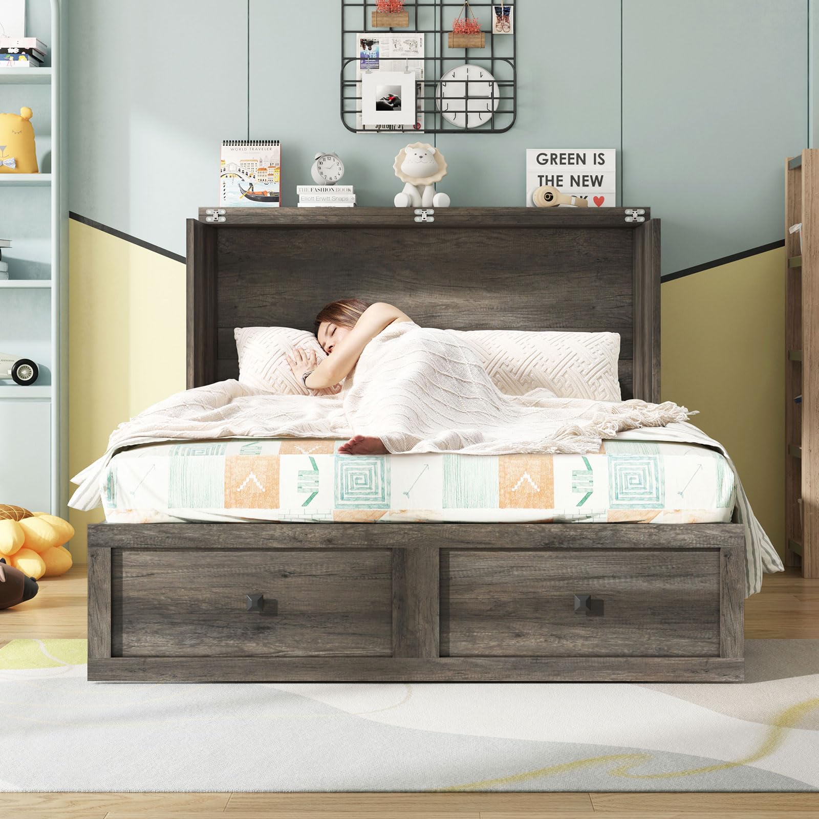 Full Murphy Bed with Storage & Charging Station, Farmhouse Murphy Cabinet