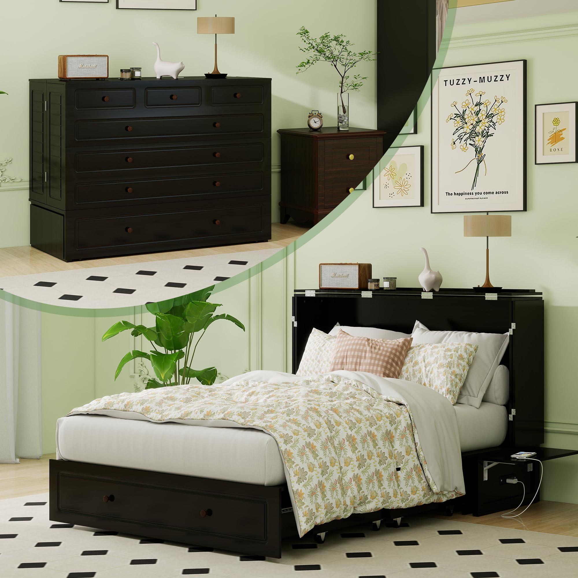 Queen Murphy Bed with Charging Station Cabinet Space Saving Wall Bed for Guest Room